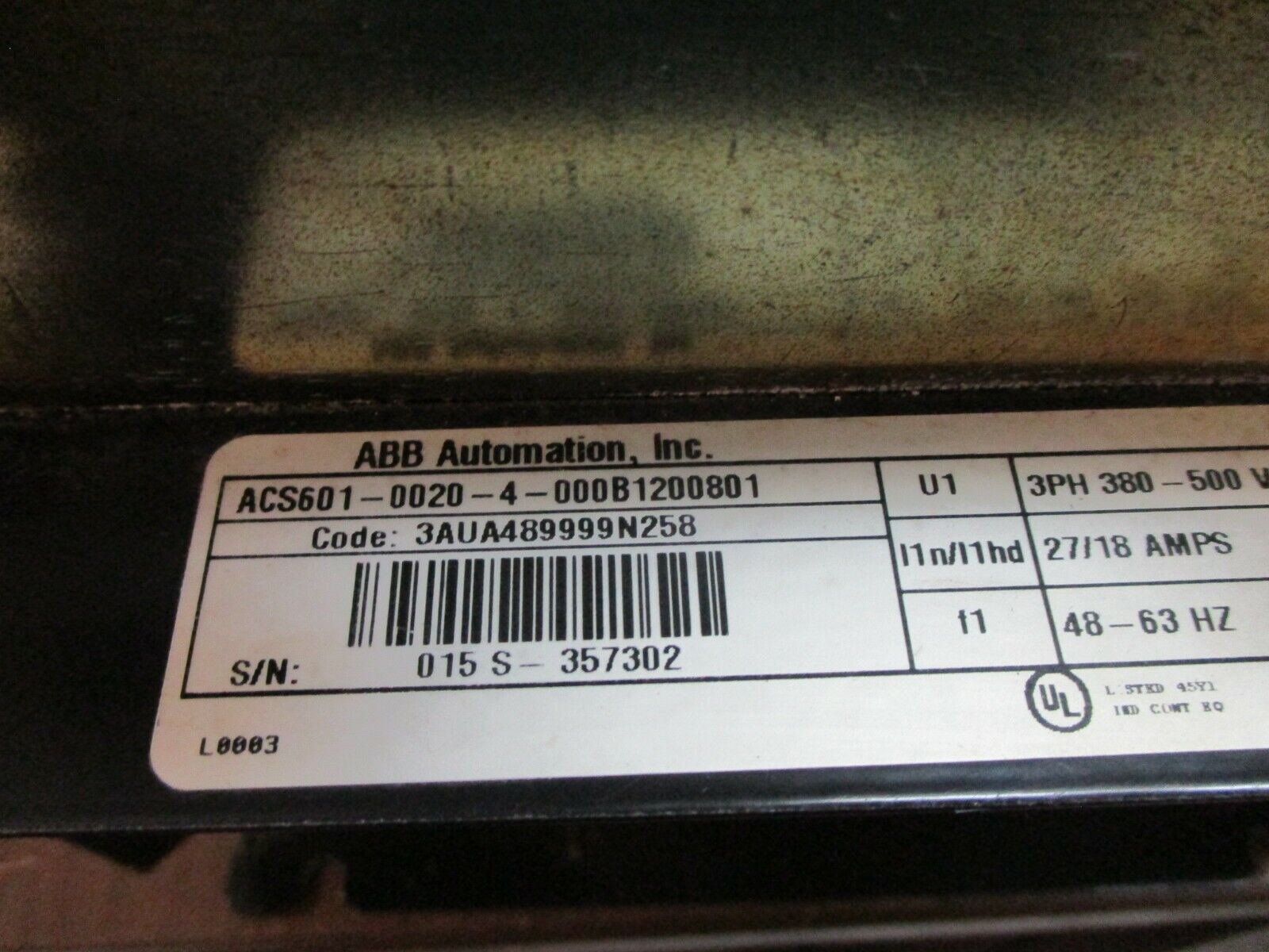 ABB ACS 600 AC Drive ACS601-0020-4-000B1200801 20HP 3Ph w/Keypad Used