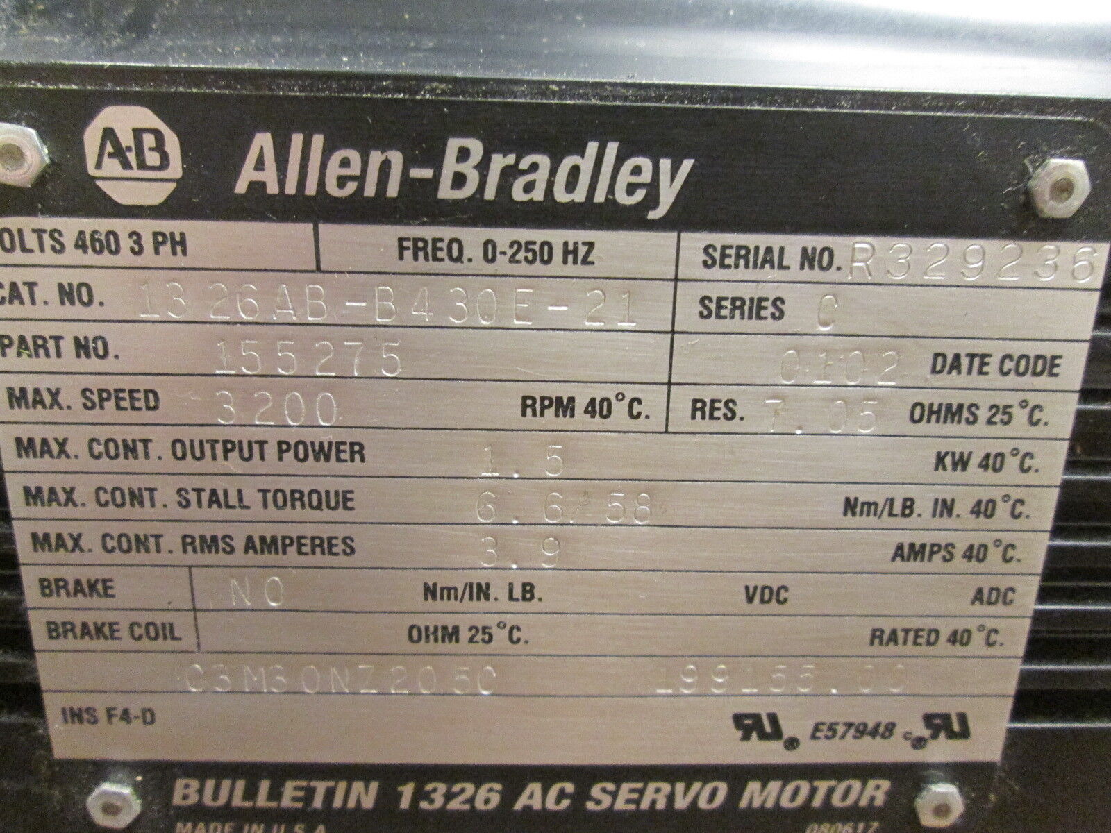 Allen-Bradley 1326 AC Servo Motor 1326AB-B430E-21 1.5KW 3200RPM 3.9A Used