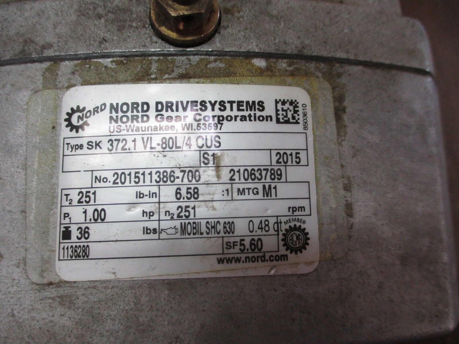 Nord Gearmotor Type SK 80L/4 CUS 1HP 1800RPM 230/460V 3.66/1.83A 60Hz Used