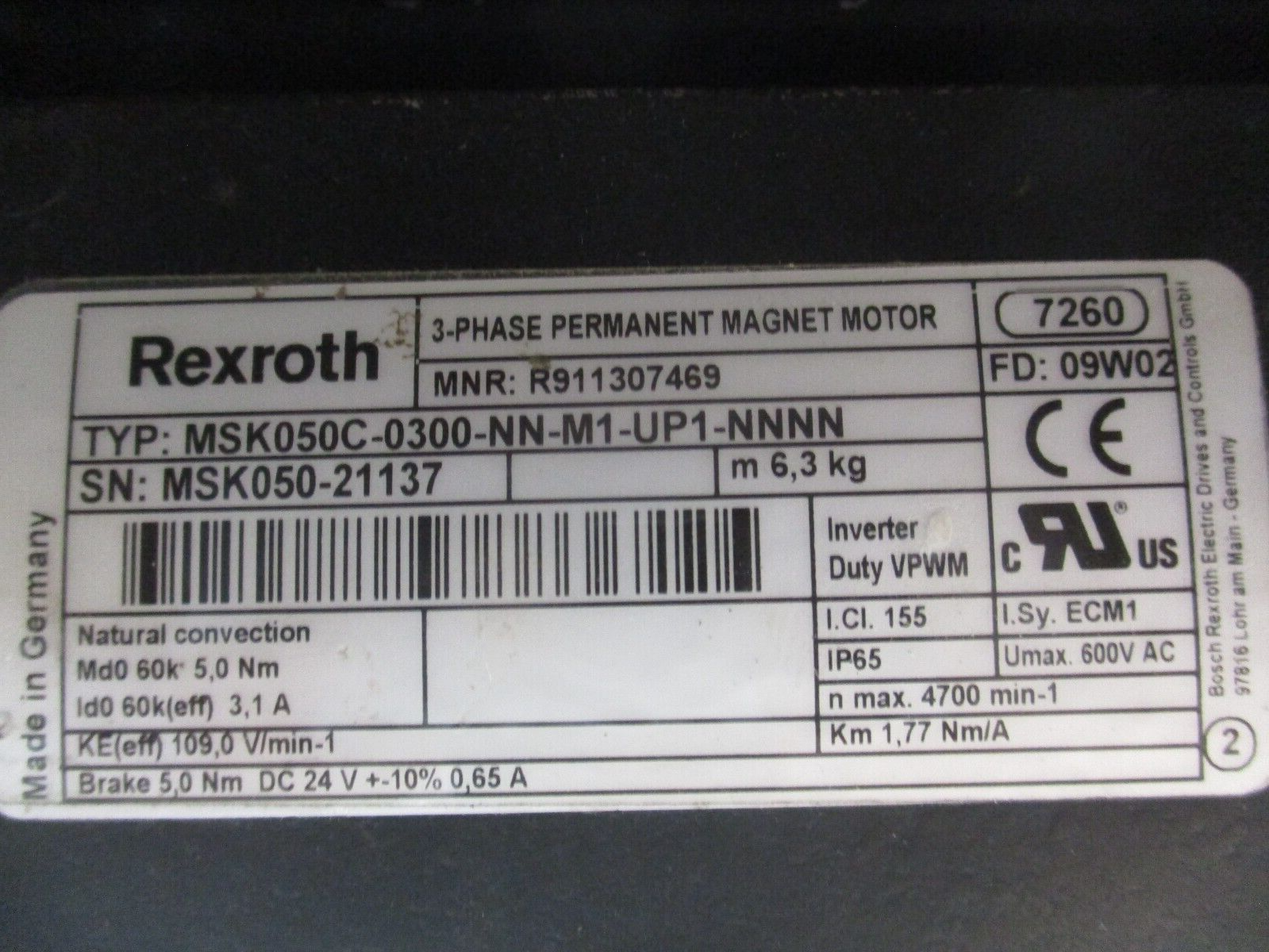 Rexroth Servo Motor MSK050C-0300-NN-M1-UP1-NNNN 3.1A 600V 1.77 Nm/A Used