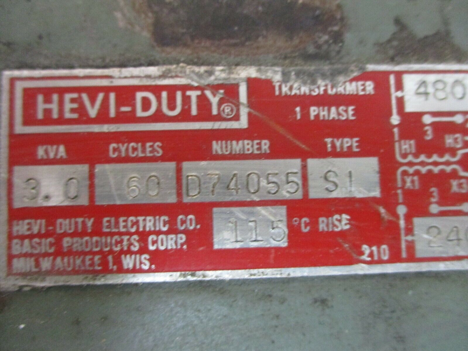 Hevi-Duty Type SI Transformer D74055 3.0kVA Pri: 240/480V Sec: 120/240V 60Hz 1Ph