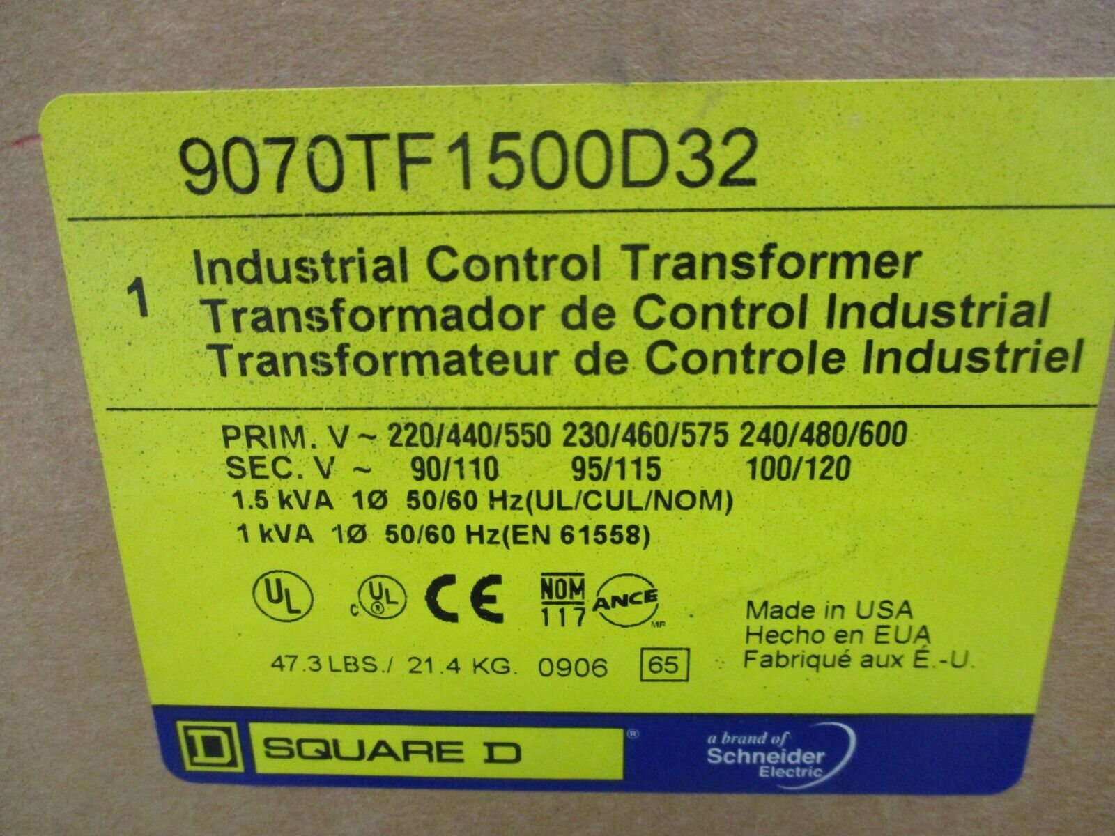 Square D Control Transformer 9070TF1500D32 1.5kVA Pri: 230/460/575V Sec: 95/115V