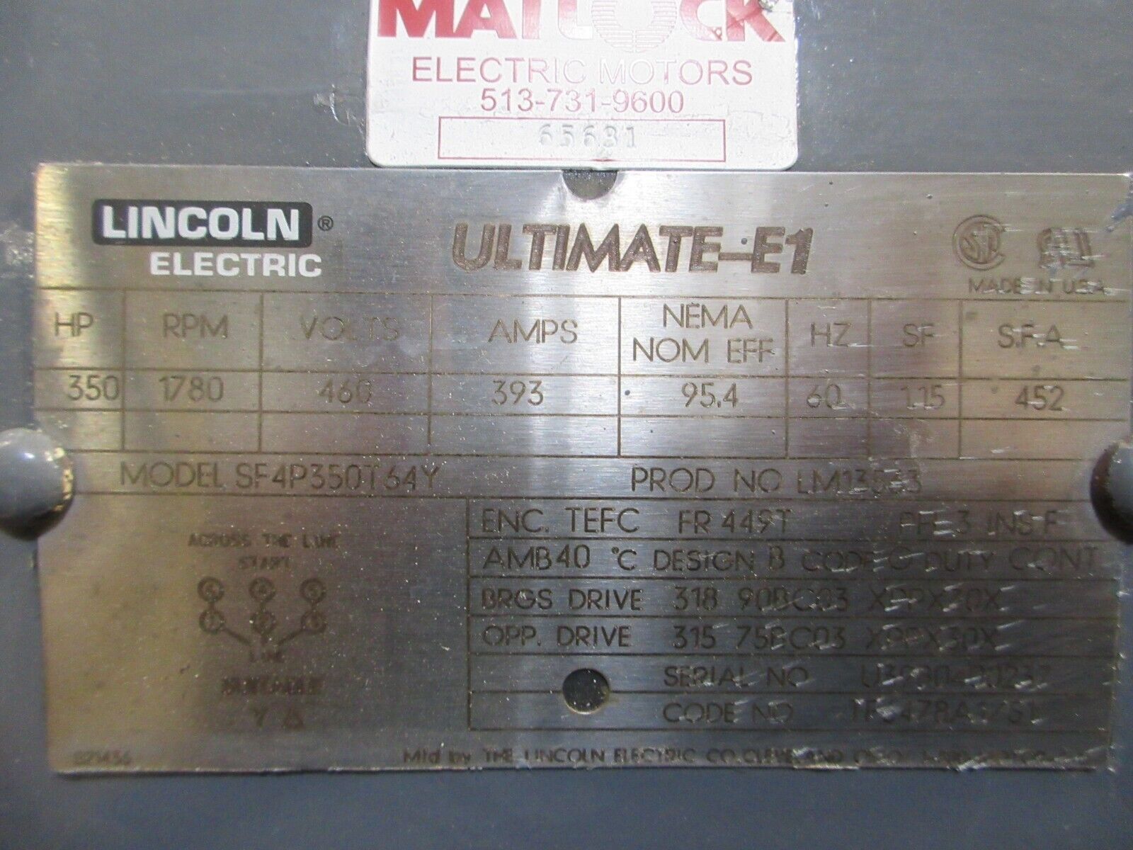 Lincoln Ultimate-E1 AC Motor SF4P350T64Y 350V 1800RPM 460V 60Hz 3Ph Rebuilt