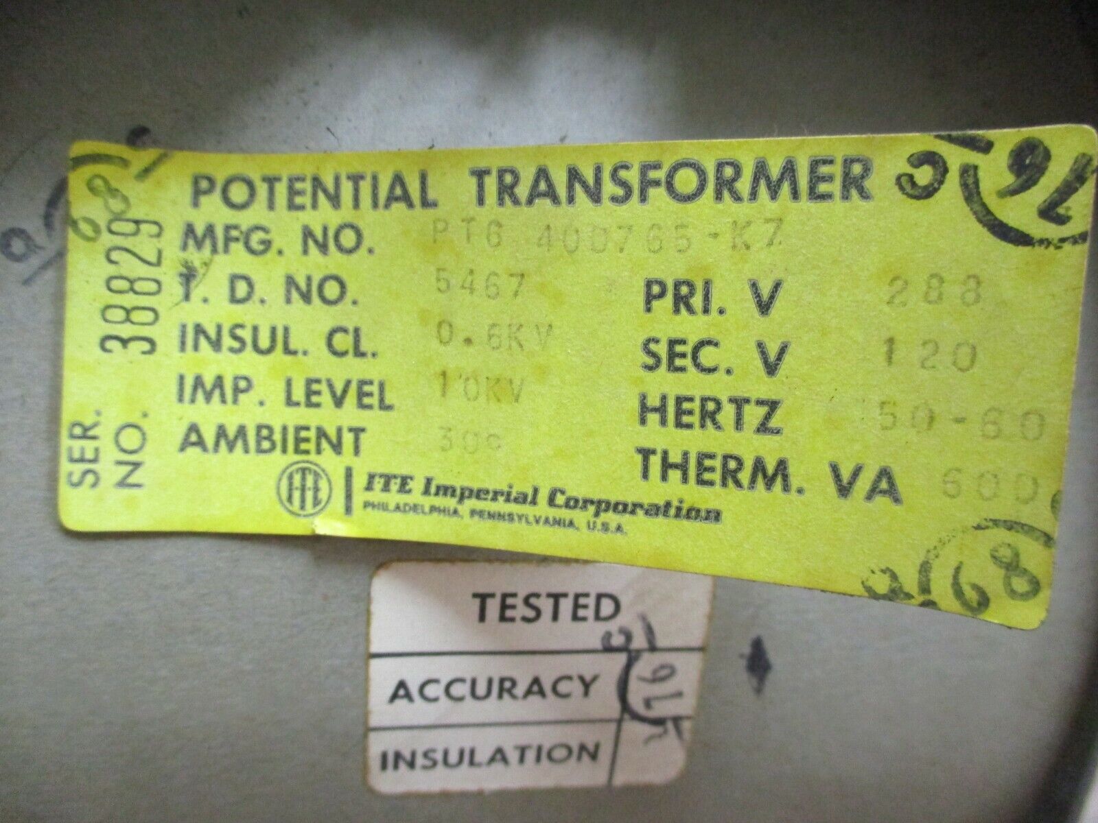 ITE Potential Transformer PT6 400765-K7 Pri:288V Sec:120V 50-60Hz 10KV BIL Used