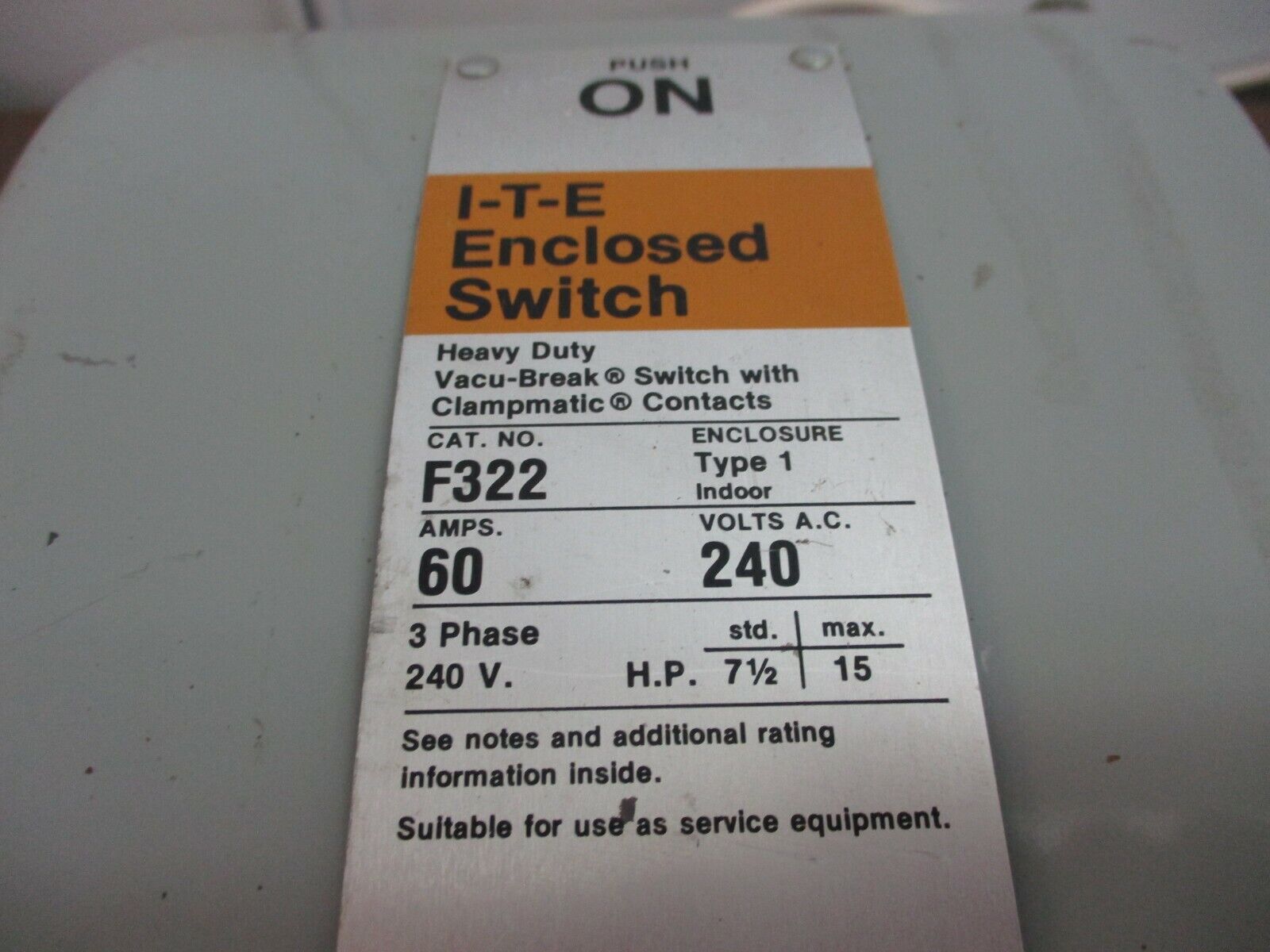 ITE Fusible Safety Switch/Disconnect F322  60A 240V w/Control Transformer Used