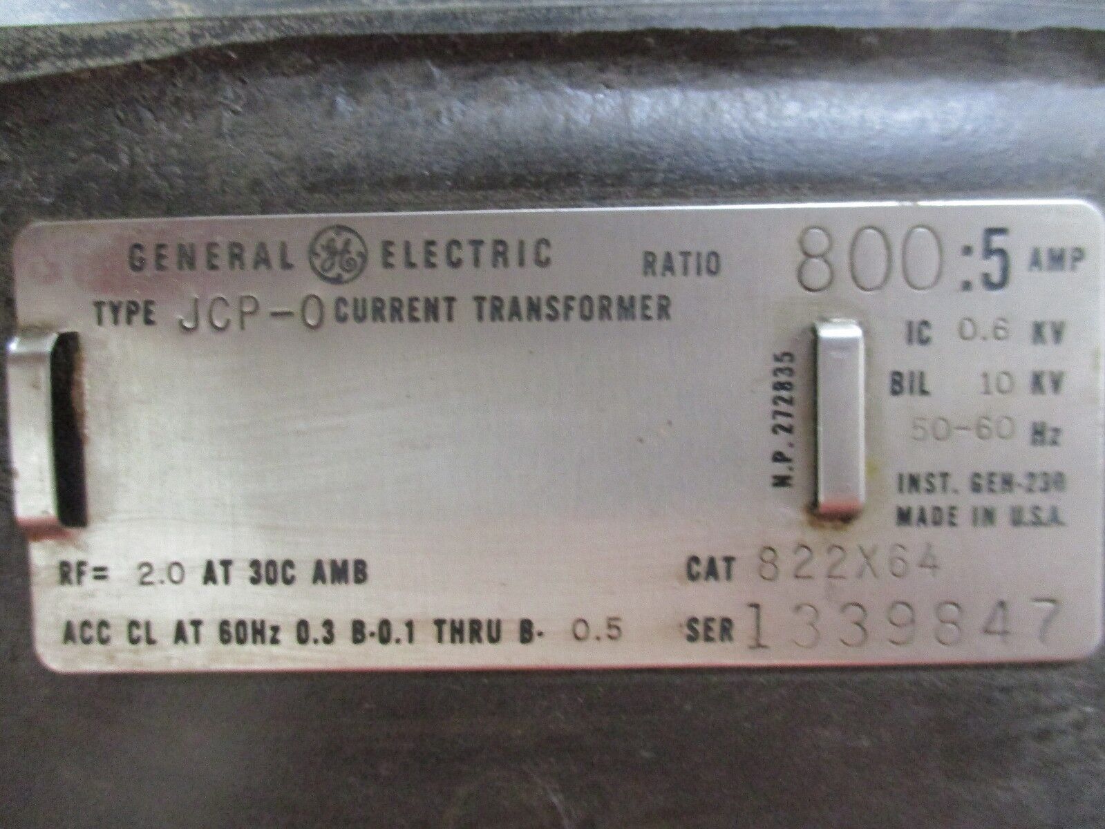 GE Type JCP-0 Current Transformer 822X64 Ratio 800:5A 600V 50-60Hz 10KV BIL Used