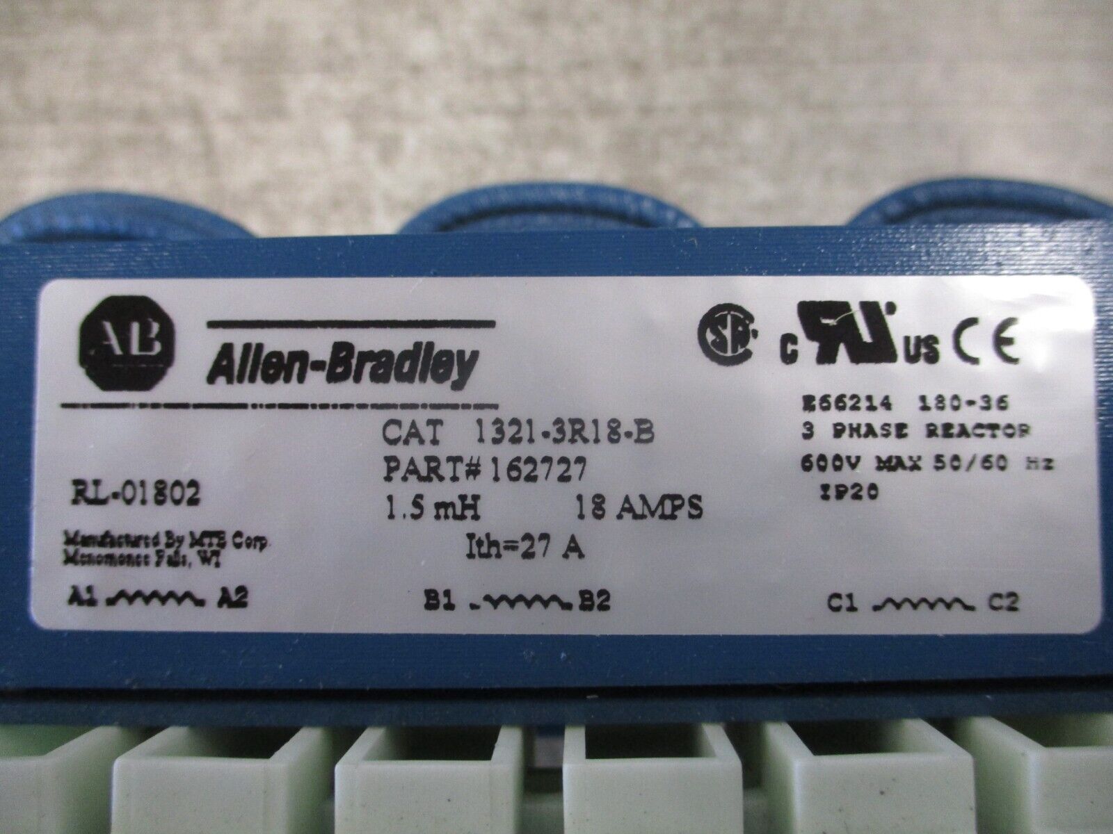 Allen-Bradley 1321-3R18-B 3Ph Reactor 162727 1.5mH 18A 600V 50/60Hz Used