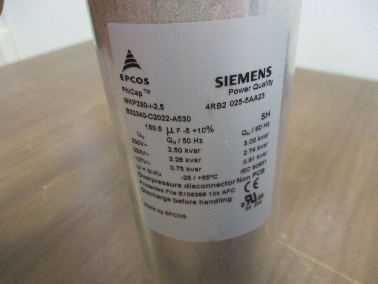 Siemens PhiCap Capacitor 4RB2 025-5AA23/MKP230-I-2.5 150.5uF 0.91-3.00KVAR Used