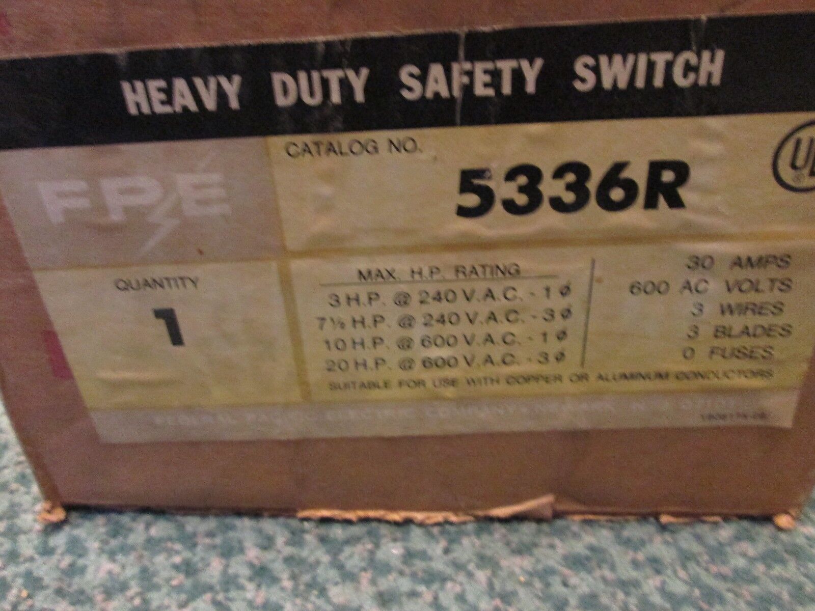 FPE Non-fusible Safety Switch 5336R 30A 600V 3P Nema 3R Enclosure New Surplus