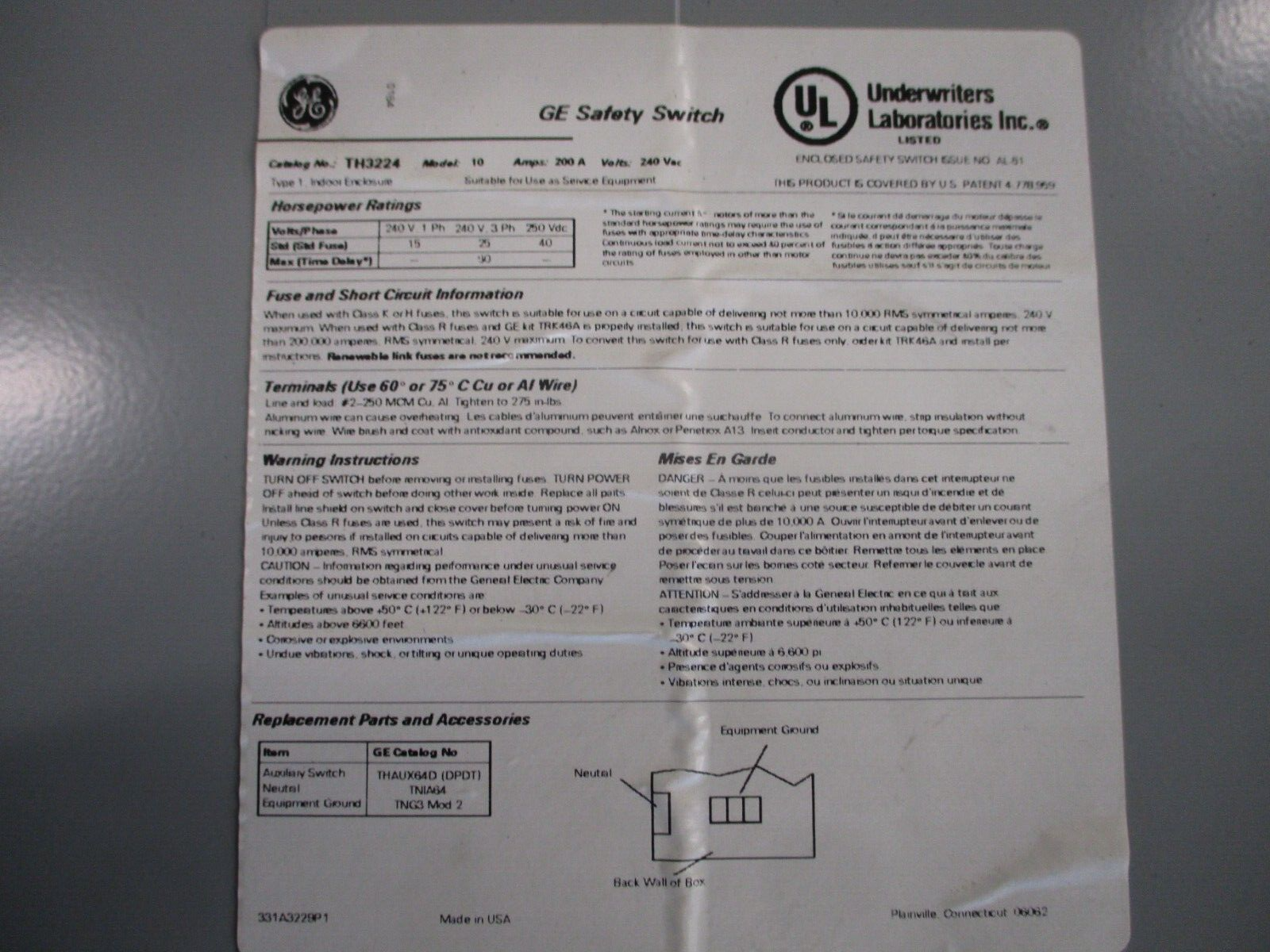 GE Fusible Safety Switch/Disconnect TH3224 Mod.10 200A 240V 2P Used