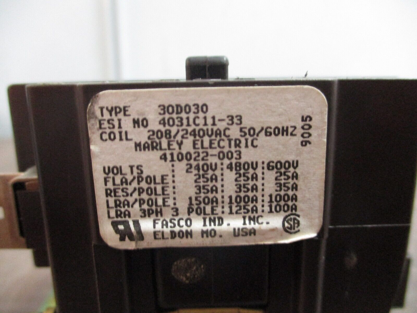 Fasco Contactor 30D030 208/240V Coil 25A Used