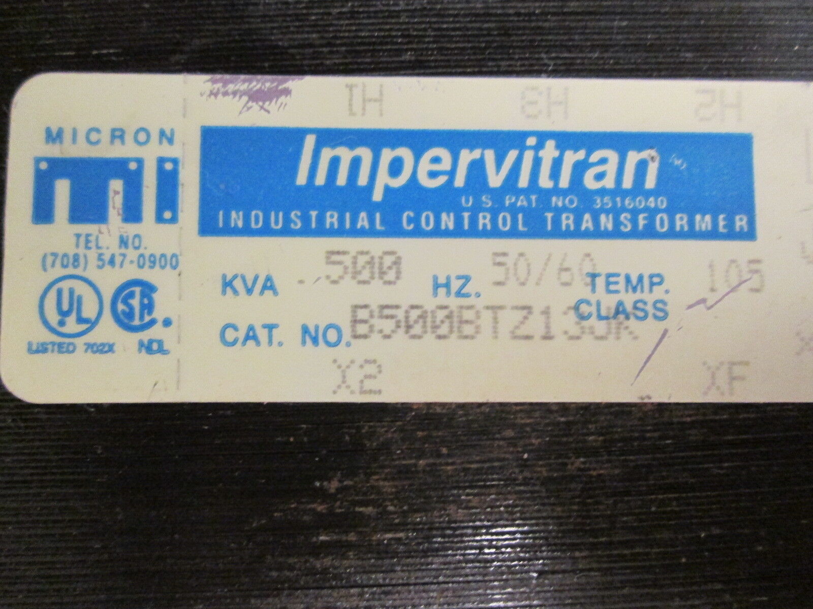 Micron Impervitran Control Transformer B500BTZ13JK 0.500KVA Pri: 240/480V Used