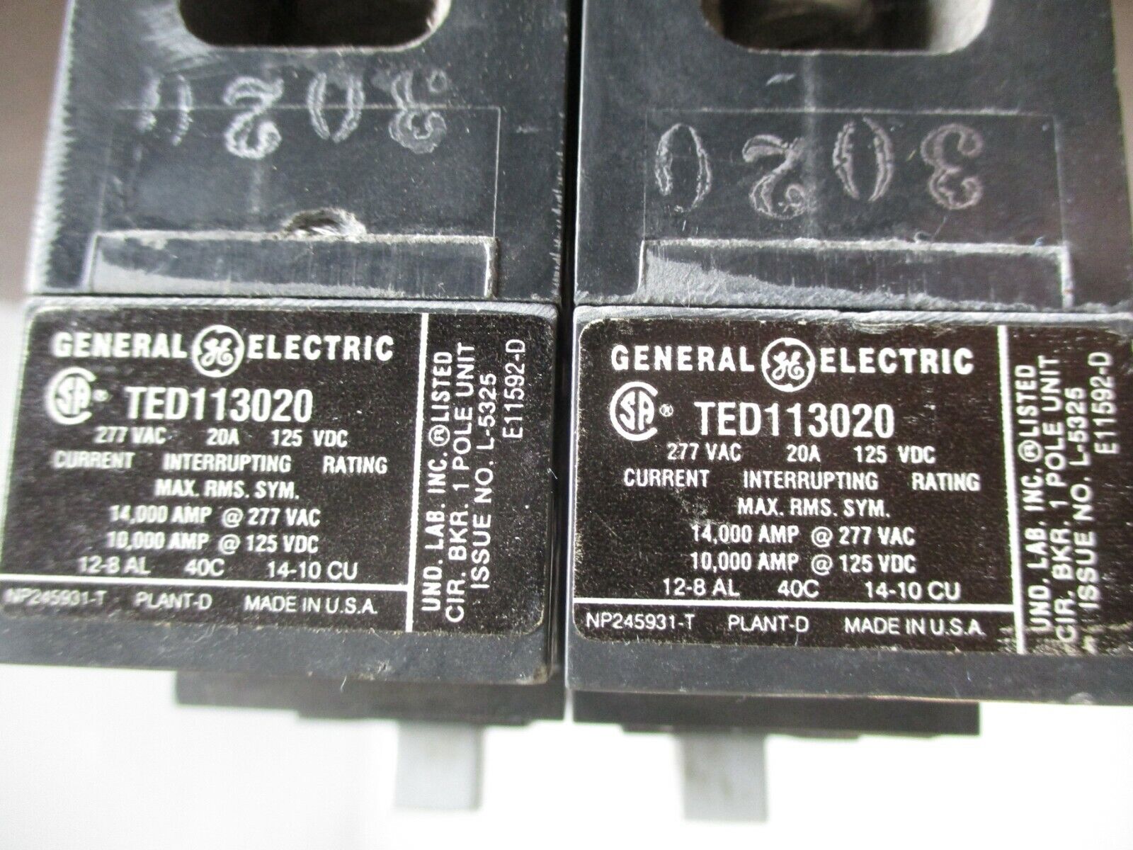 GE Circuit Breaker TED113020 20A 1P 277V *Lot of 2* Used