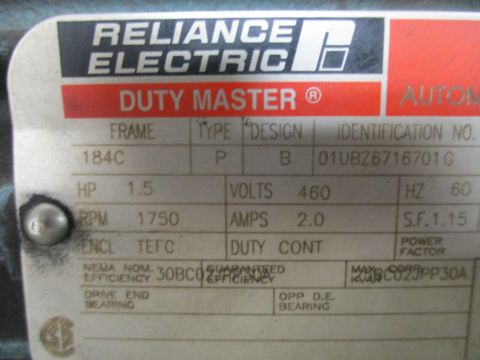 Reliance AI Duty Master AC Motor 01UBZ6716701G 1 TZ 1.5HP 1800RPM 460V 2A Used