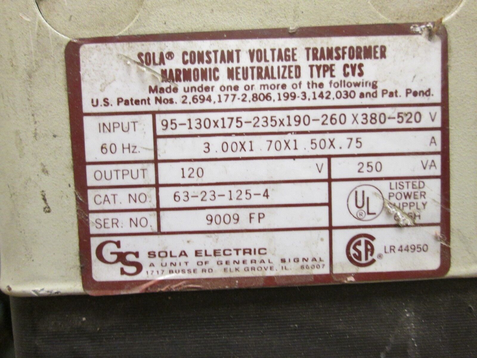 Sola Constant Voltage Transformer 63-23-125-4 250VA Inputs Outputs Used