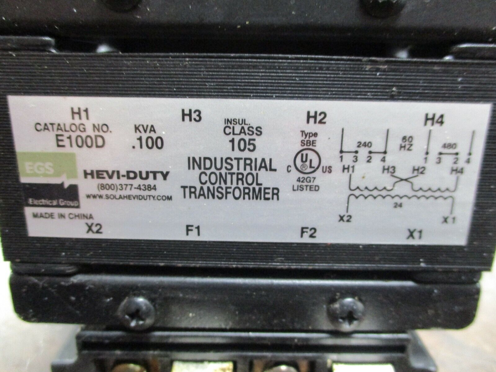 Hevi-Duty Control Transformer E100D 0.100kVA Pri: 240/480V Sec: 24V 60Hz Used