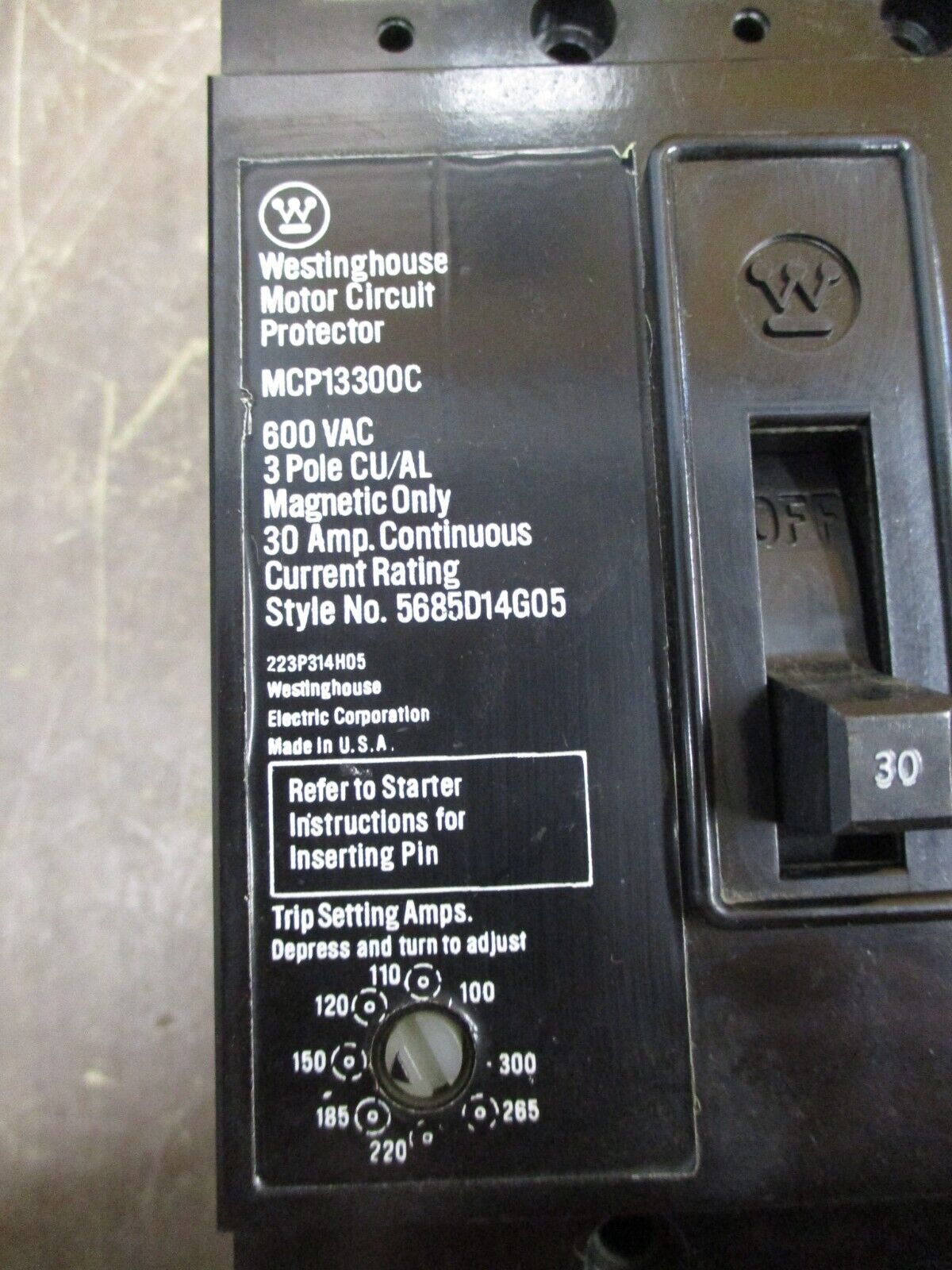 Westinghouse Motor Protector Circuit Breaker MCP13300C 30A Trip: 100-300A 600V