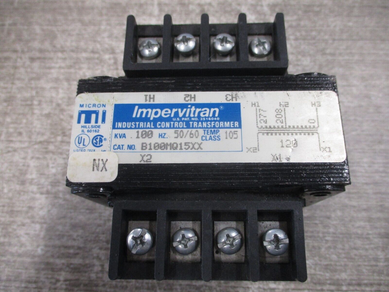 Micron Impervitran Control Transformer B100MQ15XX 0.100KVA Pri:208/277V Sec:120V