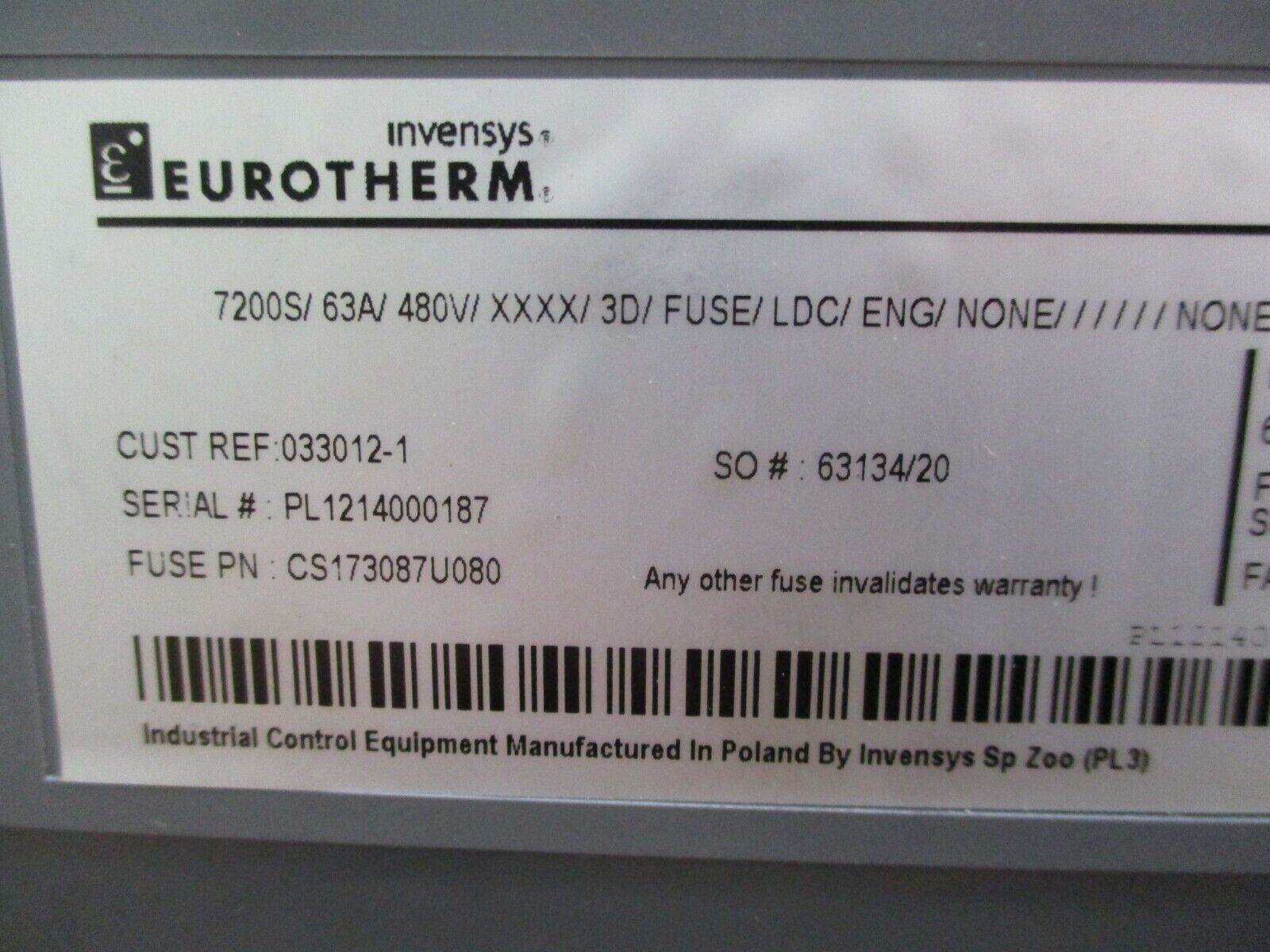 Invensys Eurotherm 7200S Solid State Contactor 63A 480V 50-63Hz Input:32VDC Used