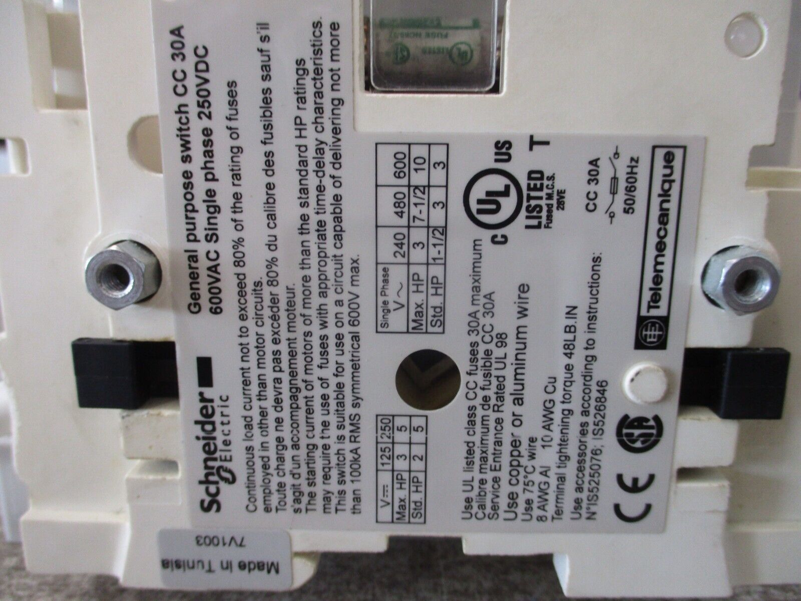 Schneider Electric Fusible General Purpose Switch GS1EERU20 30A 600V 2P Used