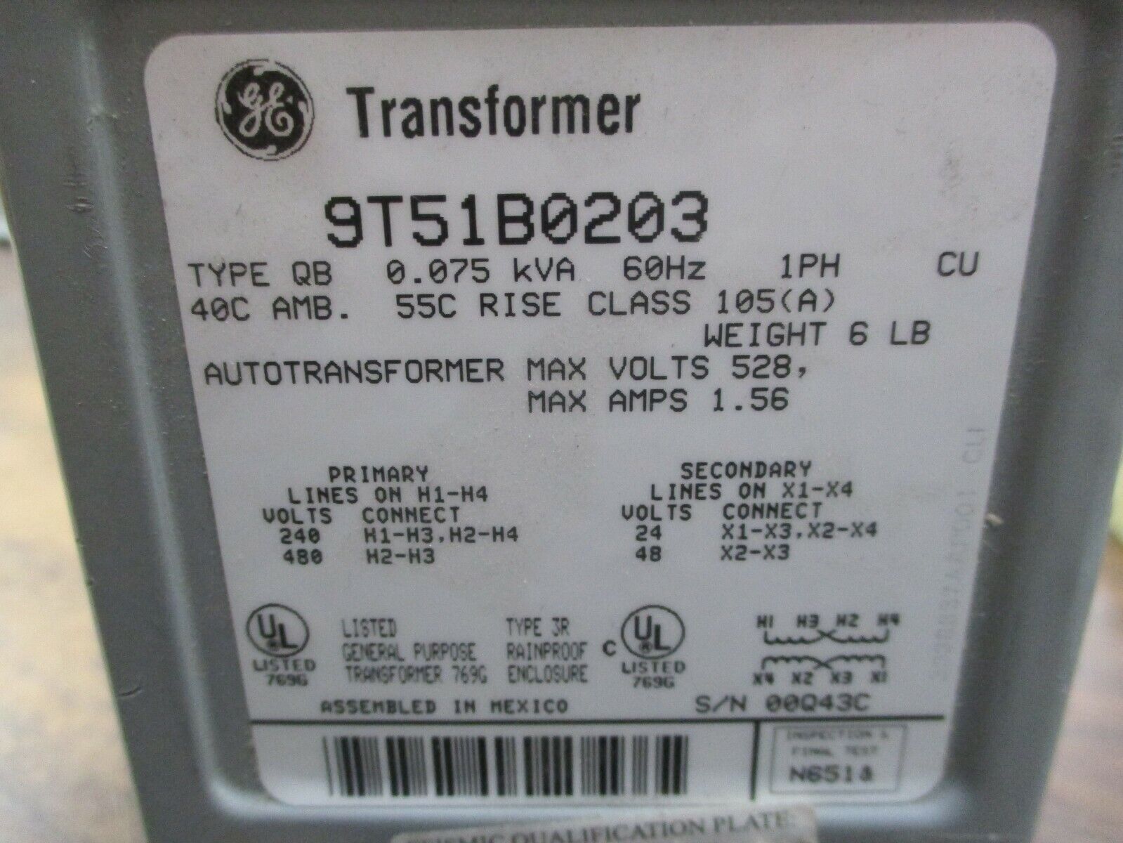 GE Type QB Transformer 9T51B0203 0.075kVA Pri:240/480V Sec:24/48V 60Hz 1Ph Used