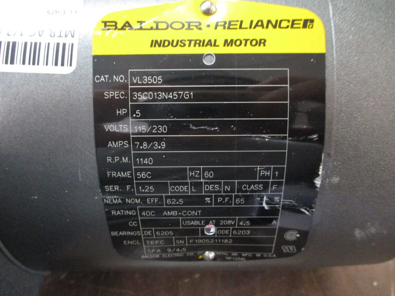 Baldor Motor VL3505 0.5HP 115/230V 7.8/3.9A 1200RPM 1Ph 60Hz Used