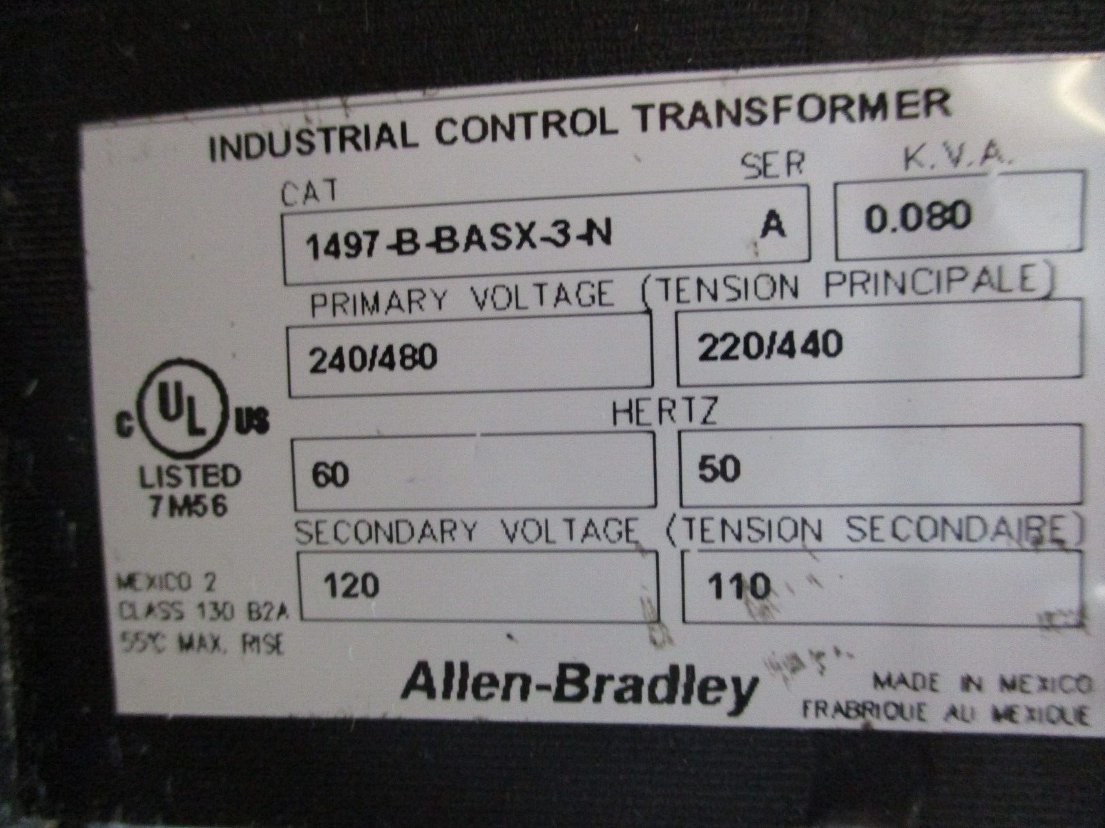 Allen-Bradley Control Transformer 1497-B-BASX-3-N Ser. A 0.080kVA Pri: 240/480V