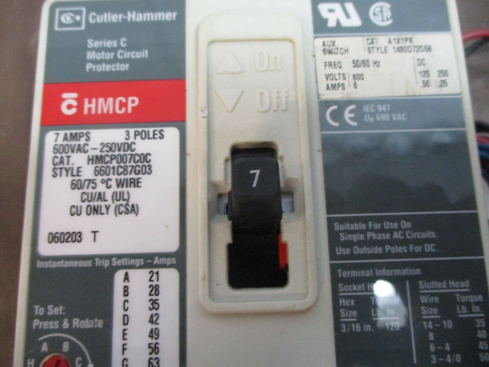 Cutler-Hammer / Westinghouse Circuit Breaker w/ Aux HMCP007C0C 7A 600V 3P Used