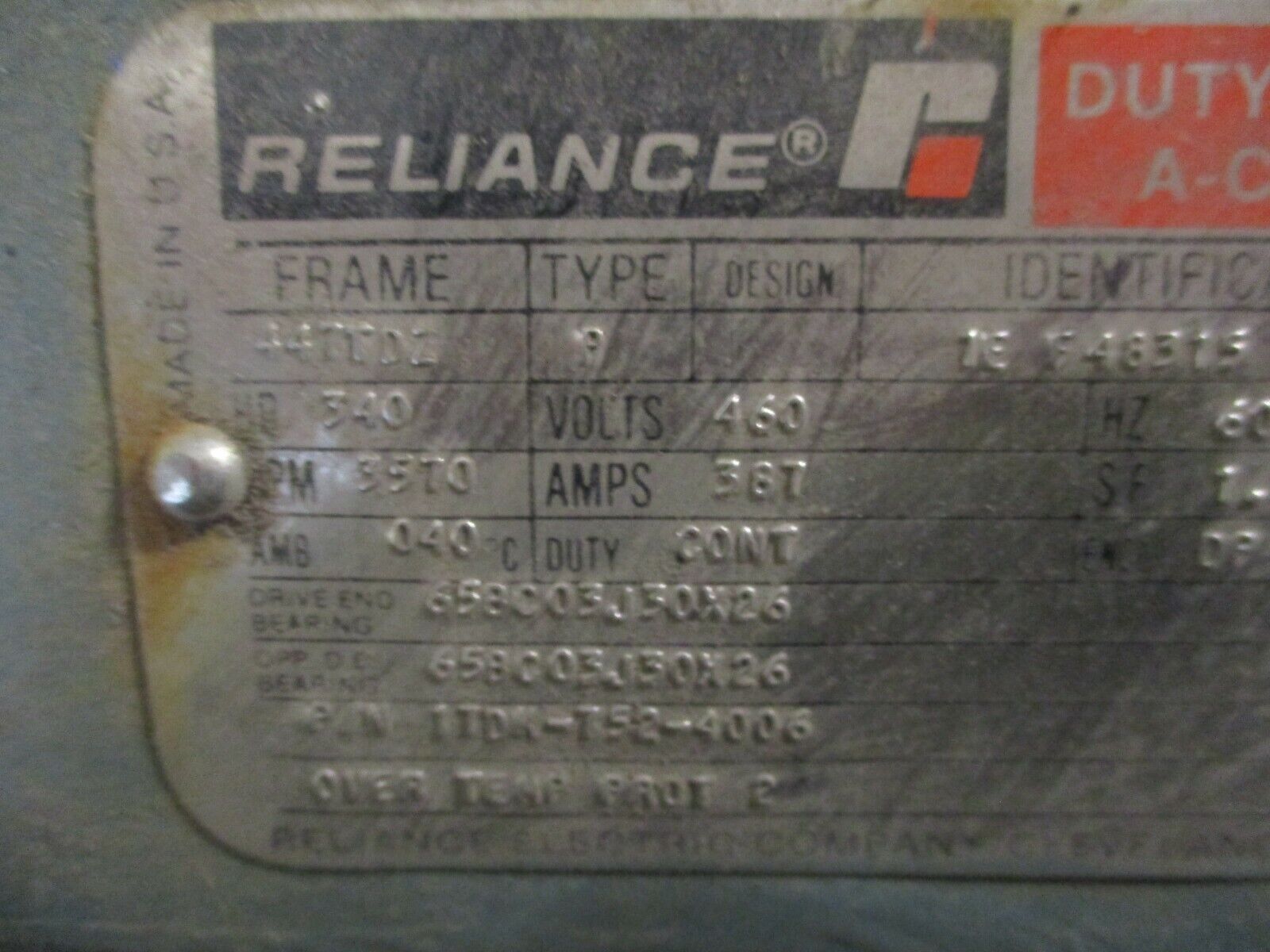 Reliance AC Motor 340HP 3600RPM 460V 387A Frame: 447TDZ ENCL: DP 3Ph 60Hz Used