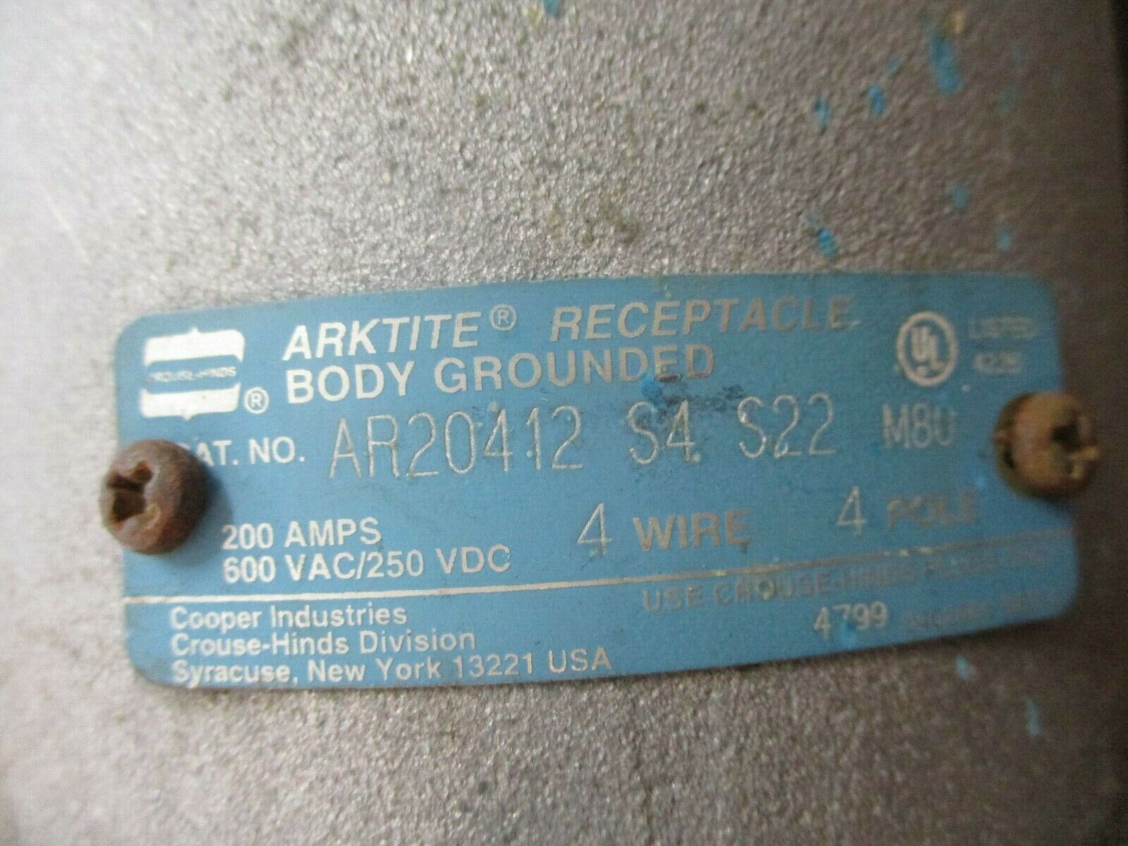 Crouse-Hinds Arktite Receptacle AR20412 S4 S22 200A 600V 4W 4P Used