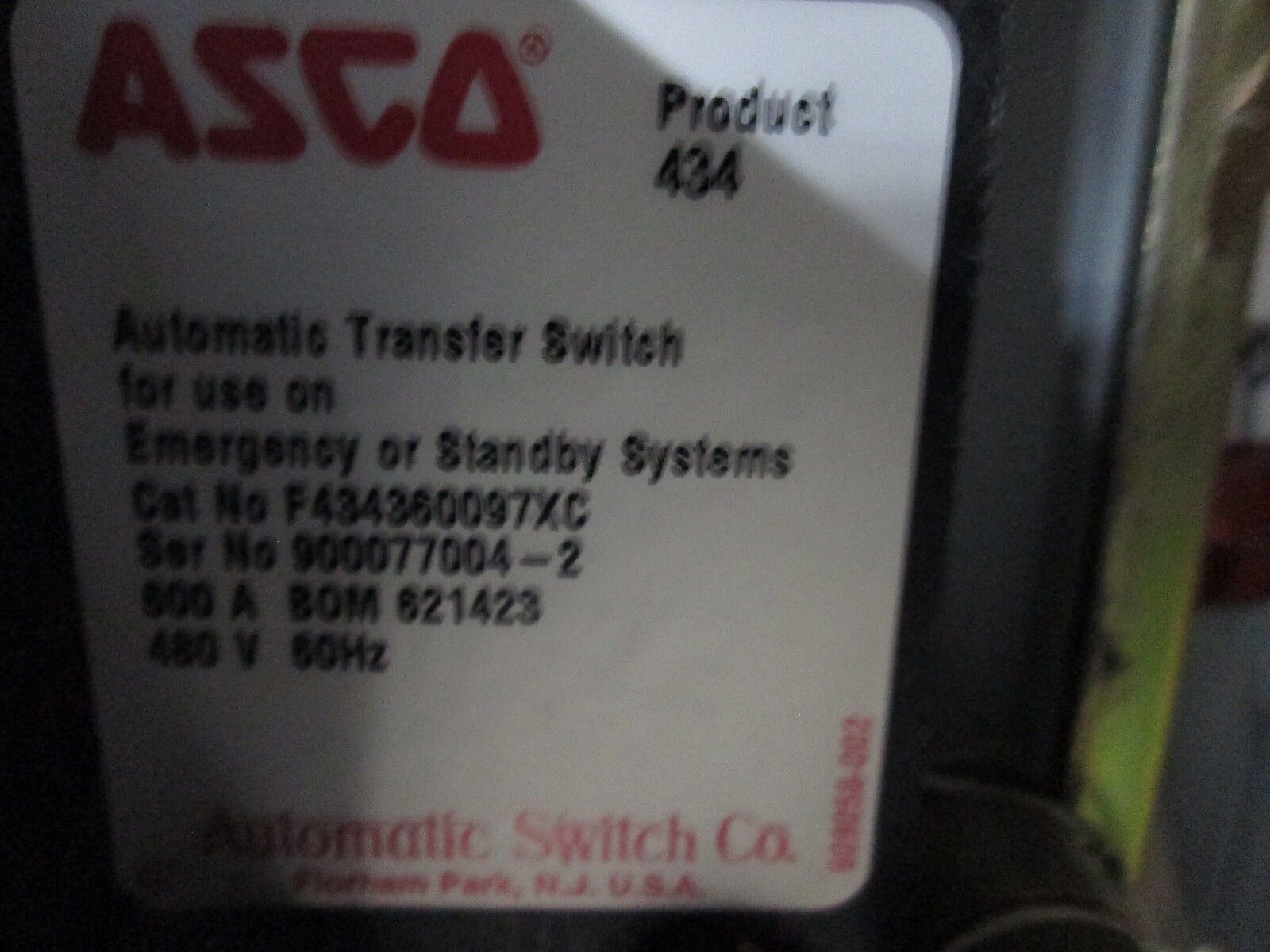 ASCO Automatic Transfer Switch w/ Bypass F434360097XC 600A 480V 60Hz 3P Used