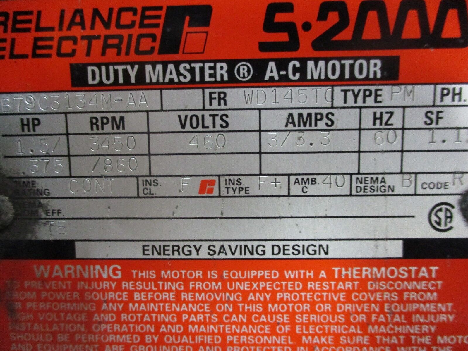 Reliance Duty Master AC Motor w/ Brake B79C3134M-AA 1.5HP 3500RPM FR:WD145TC