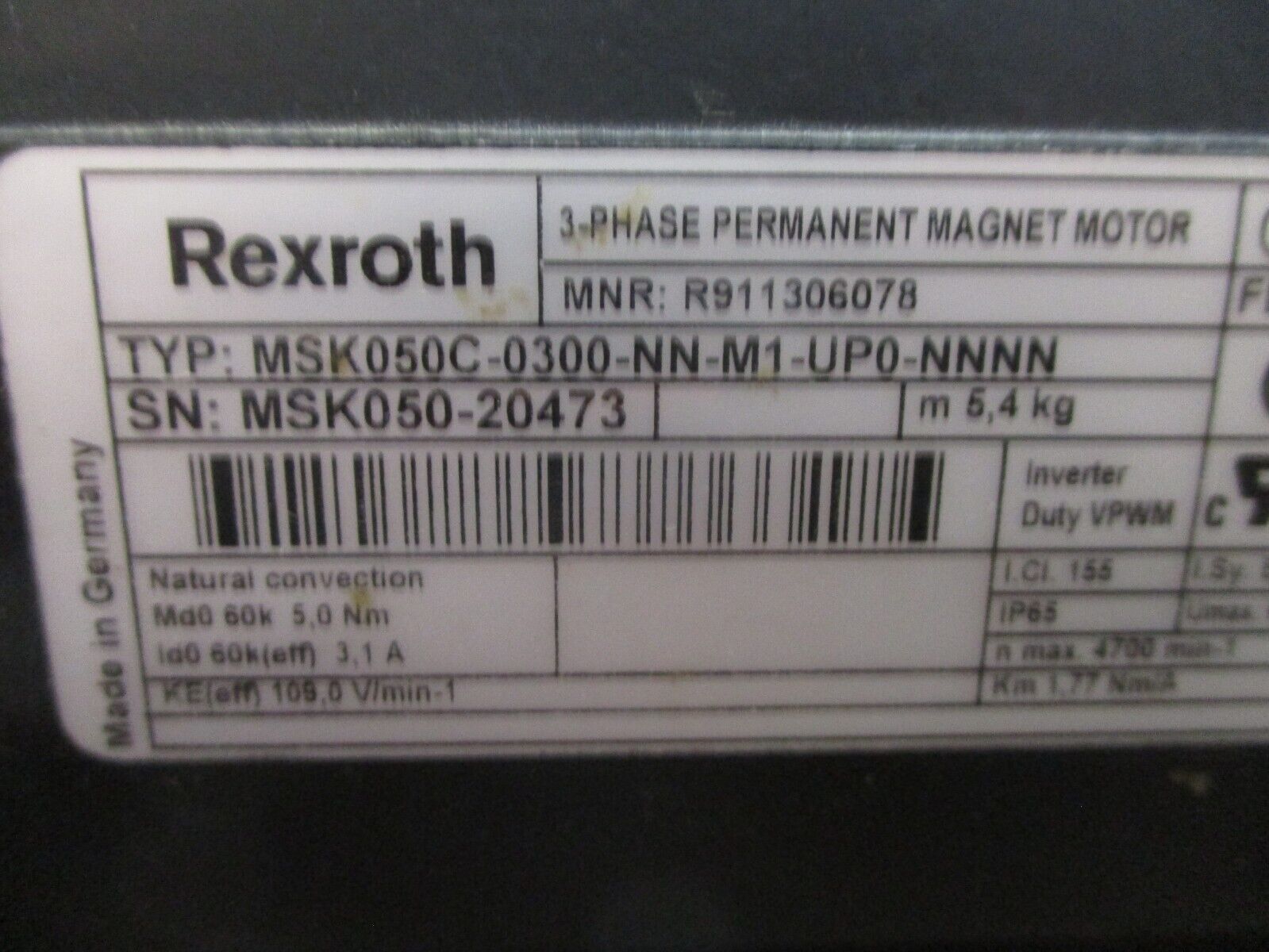 Rexroth Servo Motor MSK050C-0300-NN-M1-UP0-NNNN 600V 1.77Nm/A nMax: 4700min-1