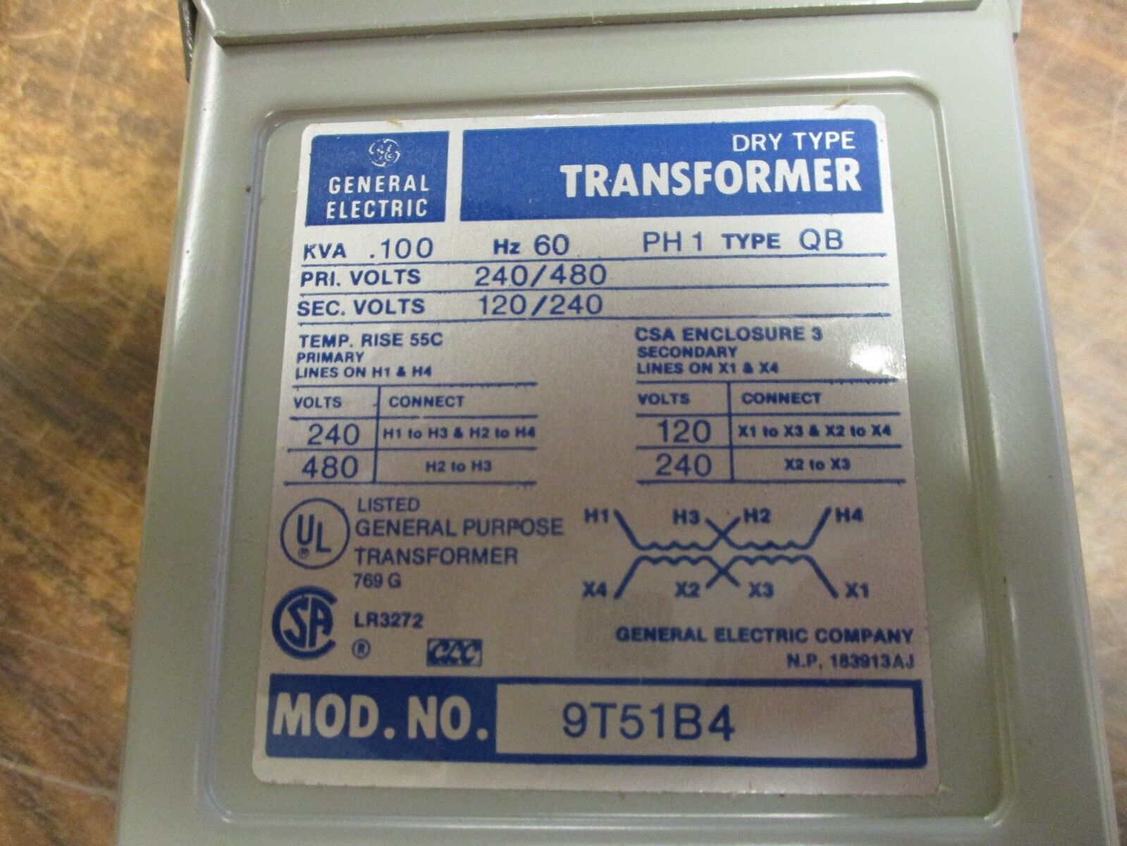 GE Type QB Transformer 9T51B4 0.100KVA Pri:240/480V Sec:120/240V 60Hz New