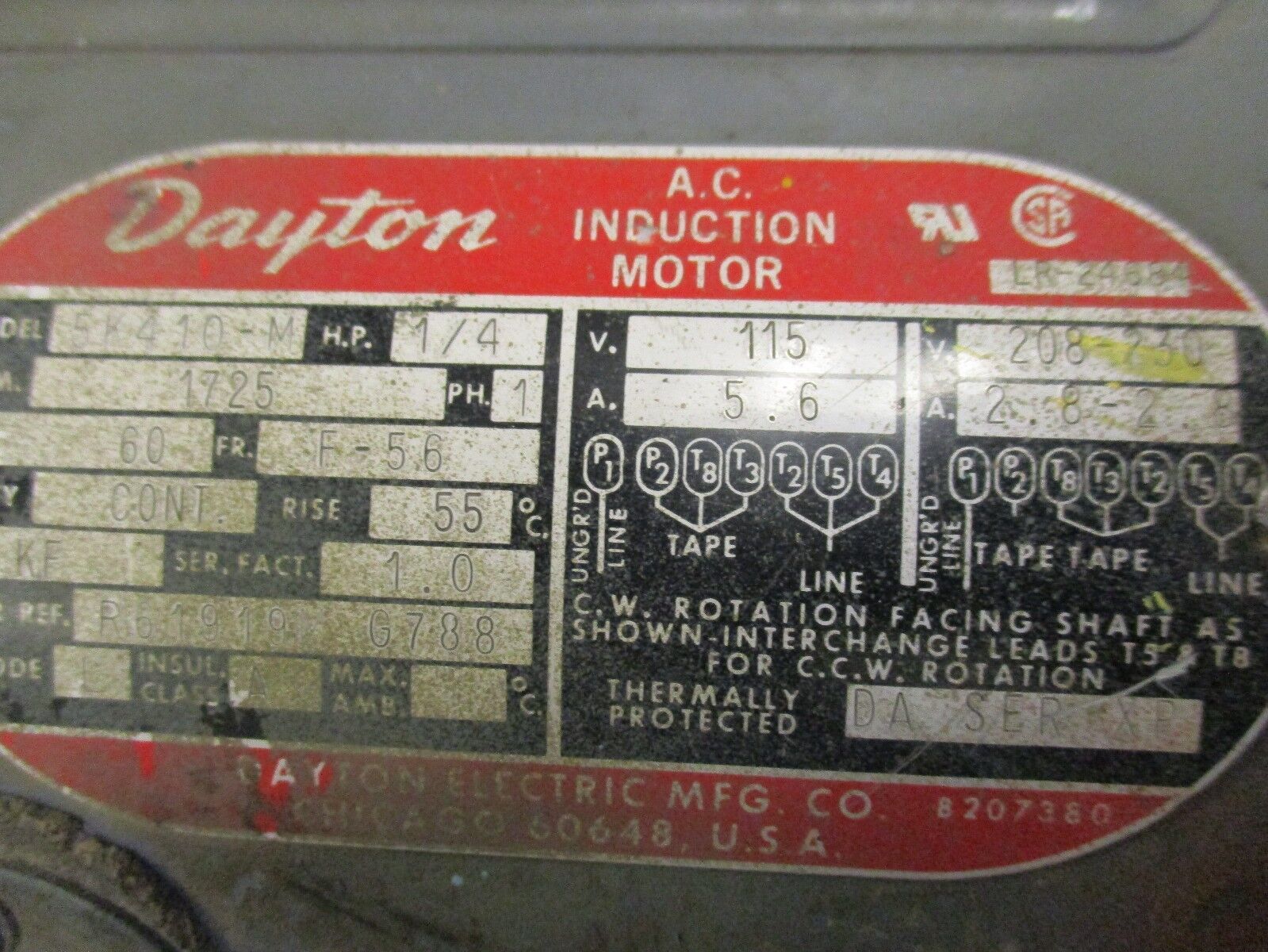 Dayton AC Induction Motor 5K410-M 1/4HP 1725RPM 115/208-230V 5.6/2.8A 60Hz Used