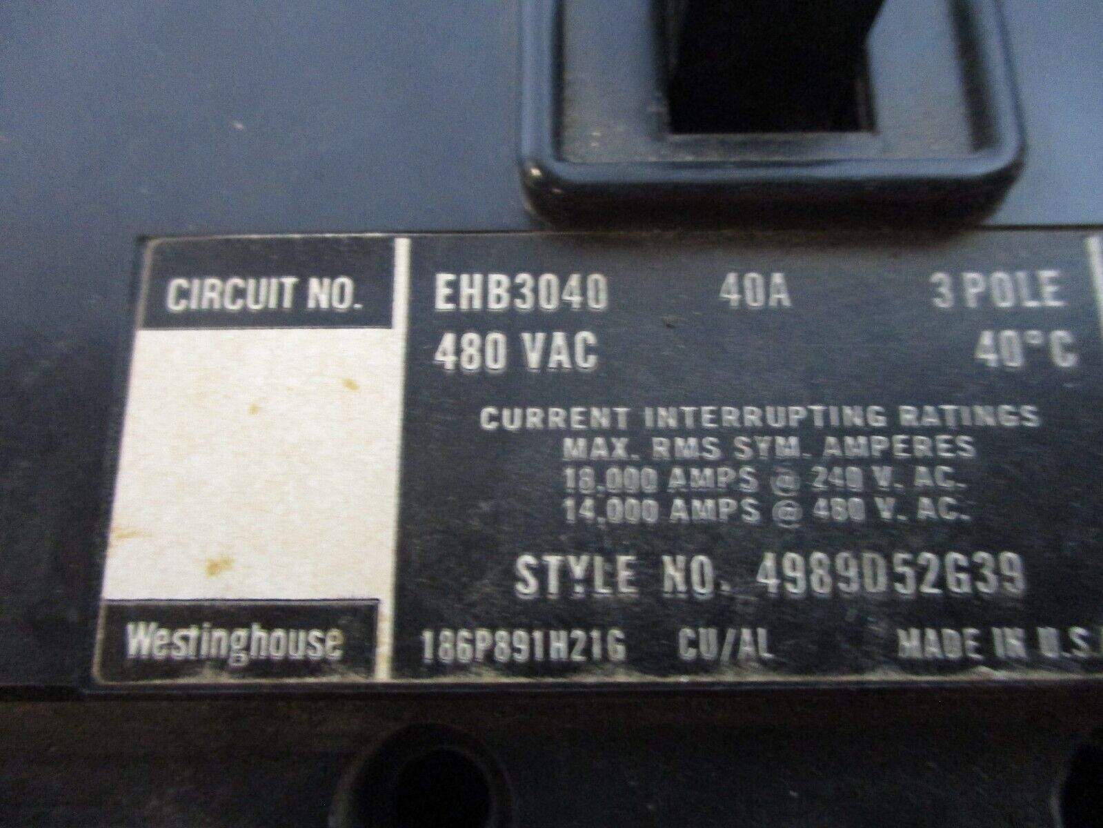 Westinghouse Circuit Breaker EHB3040 40A 480V 3P *Chipped Front* Used