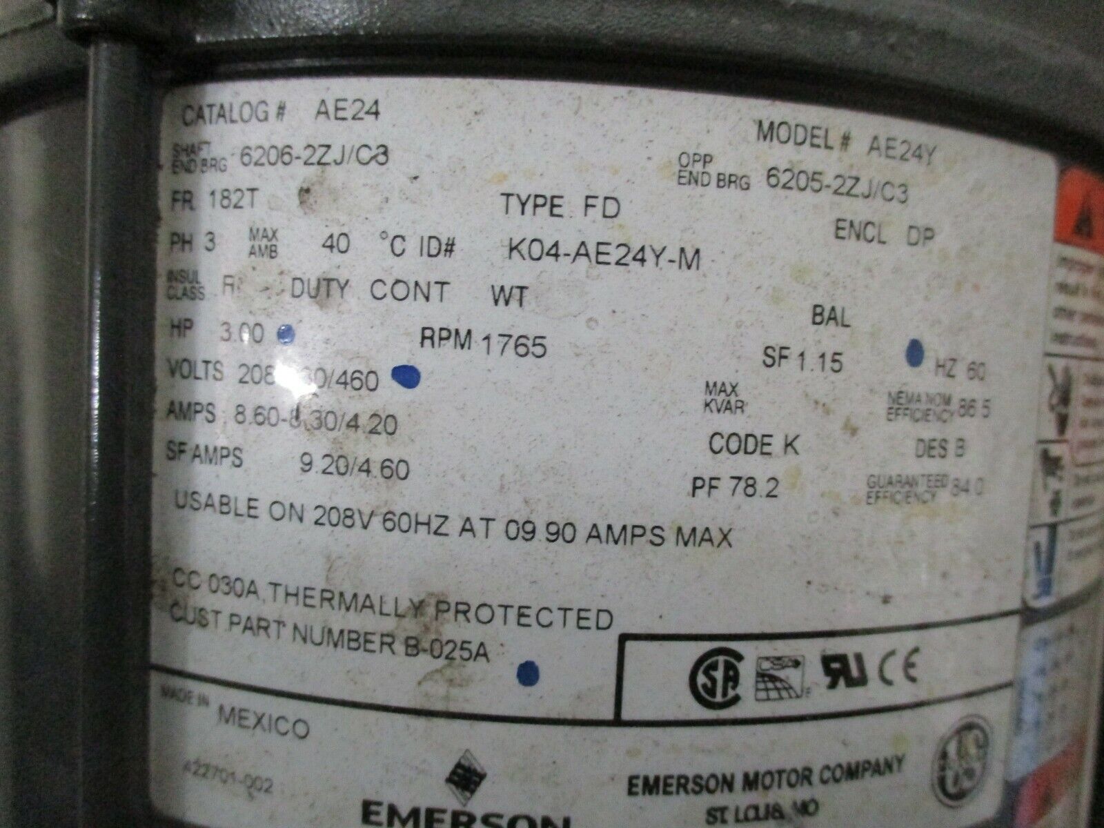 Emerson AC Motor AE24Y 3HP 1800RPM 208-230/460V 8.6-8.3/4.2A 60Hz DP Encl. Used