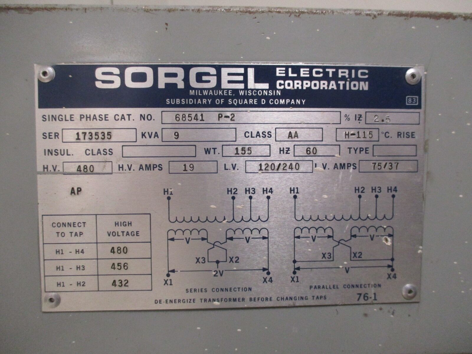 Sorgel Transformer 68541 P-2 9KVA 1Ph Pri: 480V Sec: 120/240V 60Hz Used