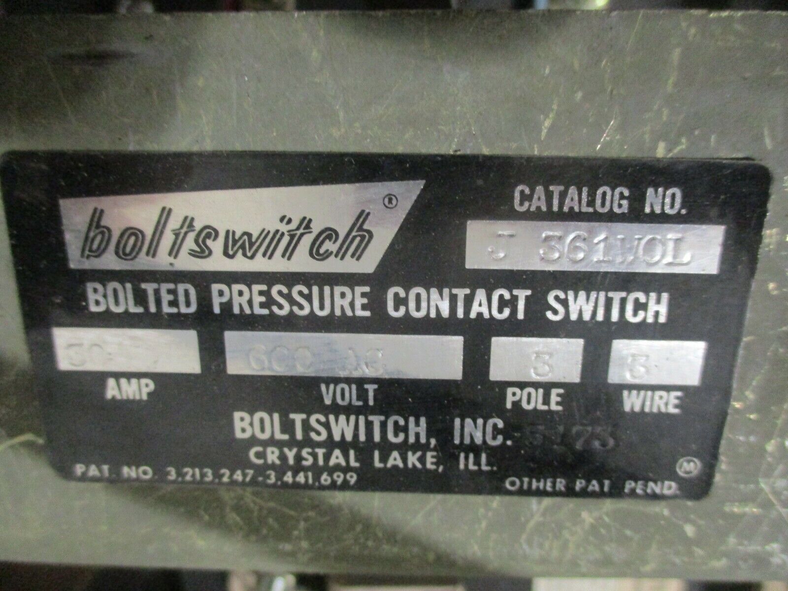 Boltswitch Bolted Pressure Contact Switch J 361WOL 30A 600V 3P 3W No Fuses Used