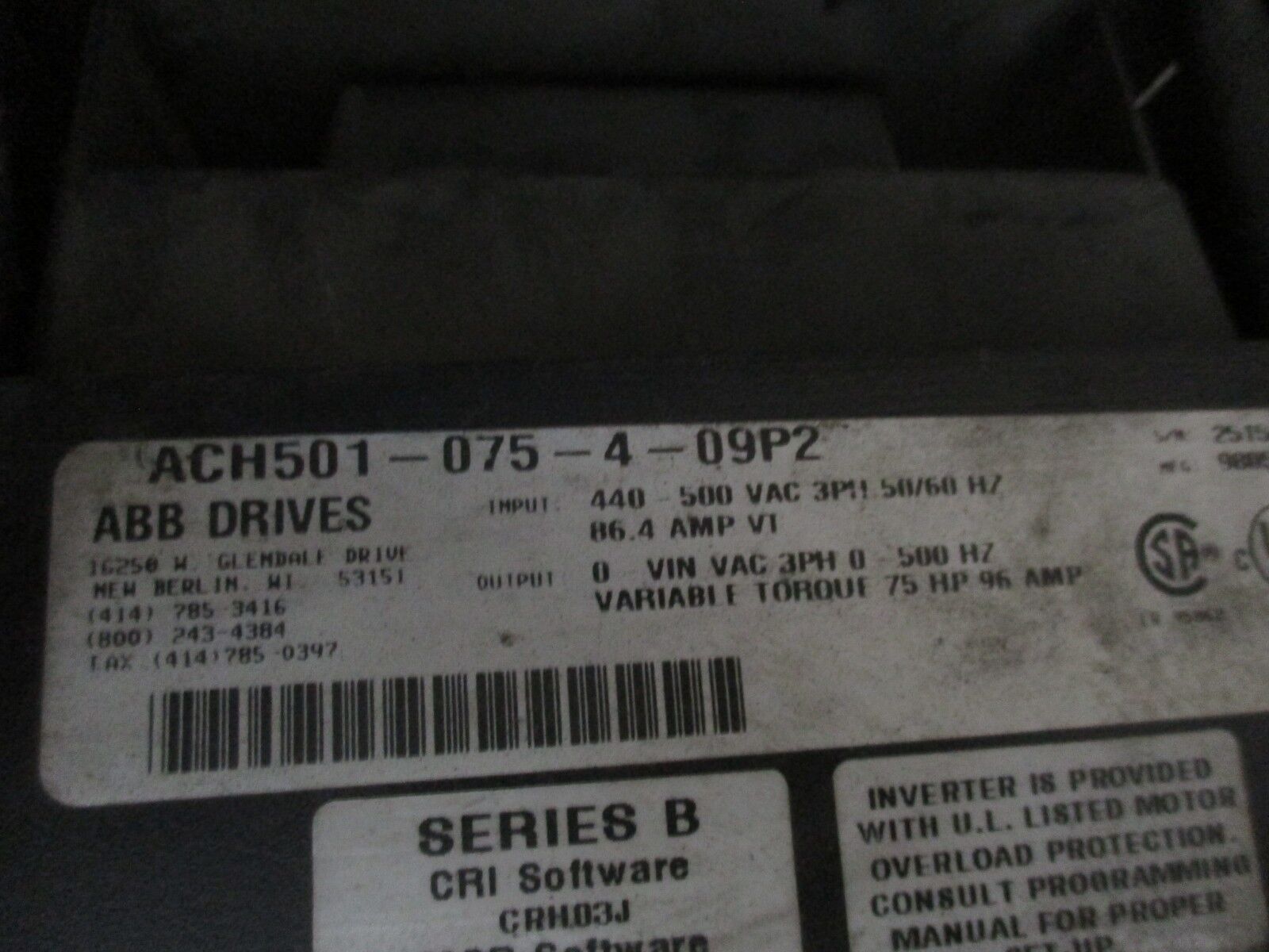 ABB ACH500 AC Drive ACH501-075-4-09P2 75HP 3Ph Input: 440-500V 50/60Hz Used