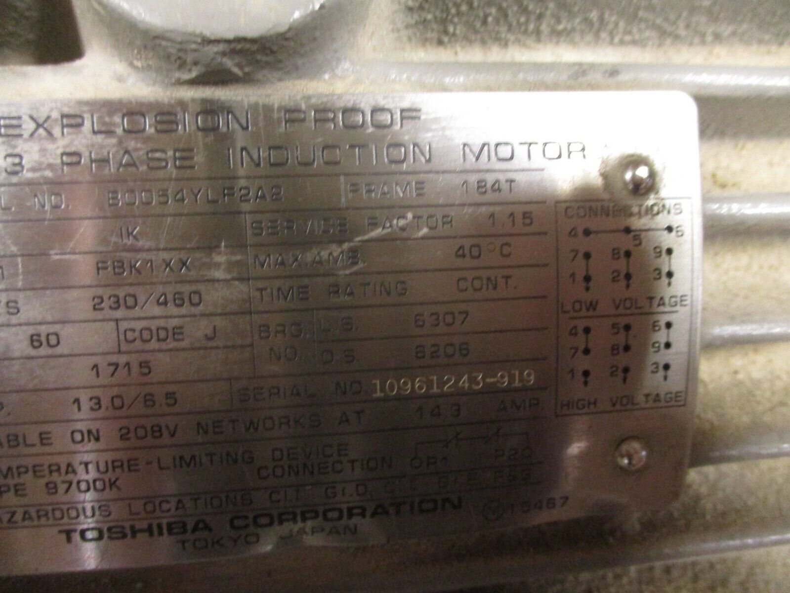 Toshiba Explosion Proof Induction Motor B0054YL2A2 5HP 1800RPM 230/460V 60Hz