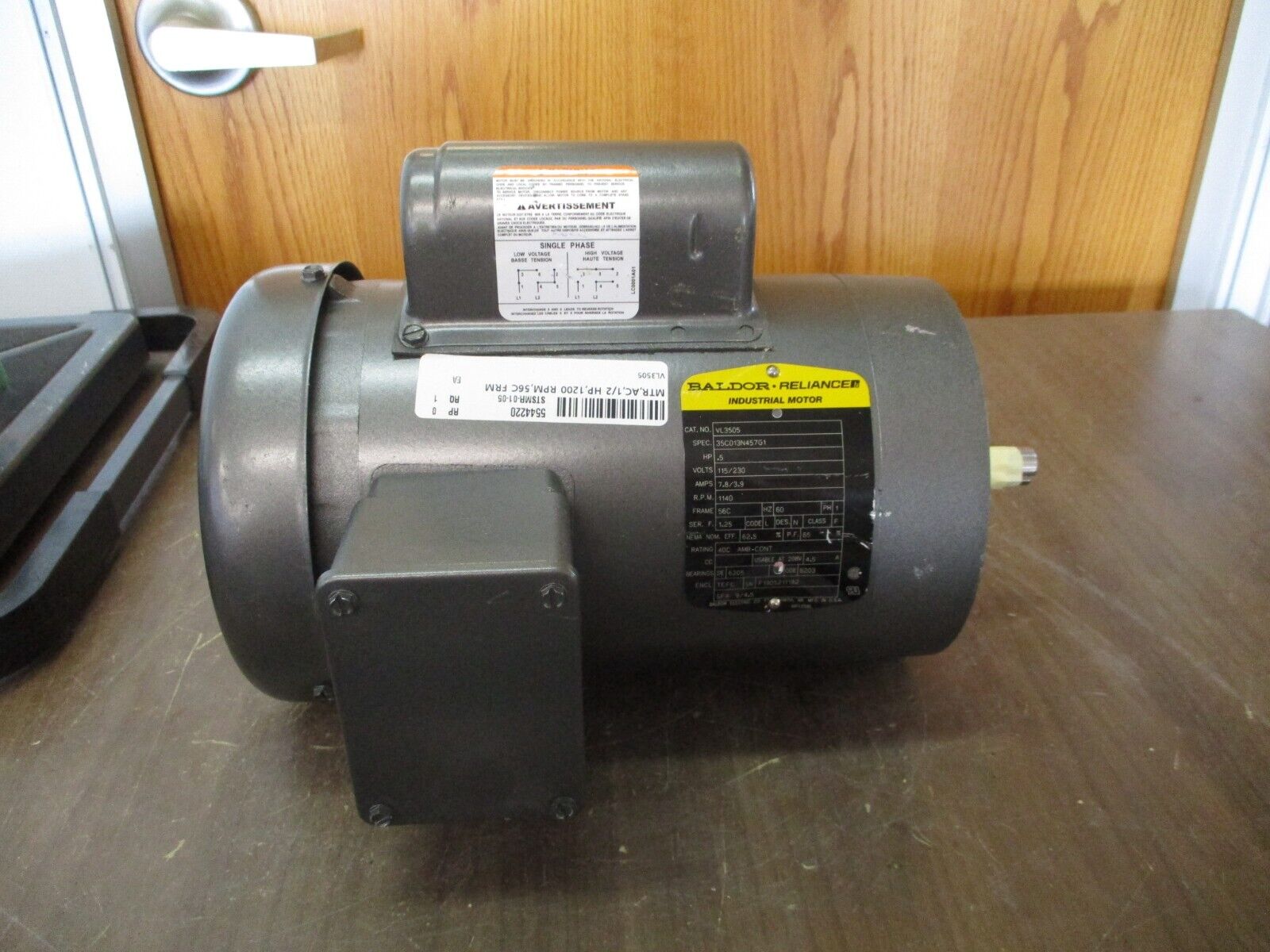 Baldor Motor VL3505 0.5HP 115/230V 7.8/3.9A 1200RPM 1Ph 60Hz Used