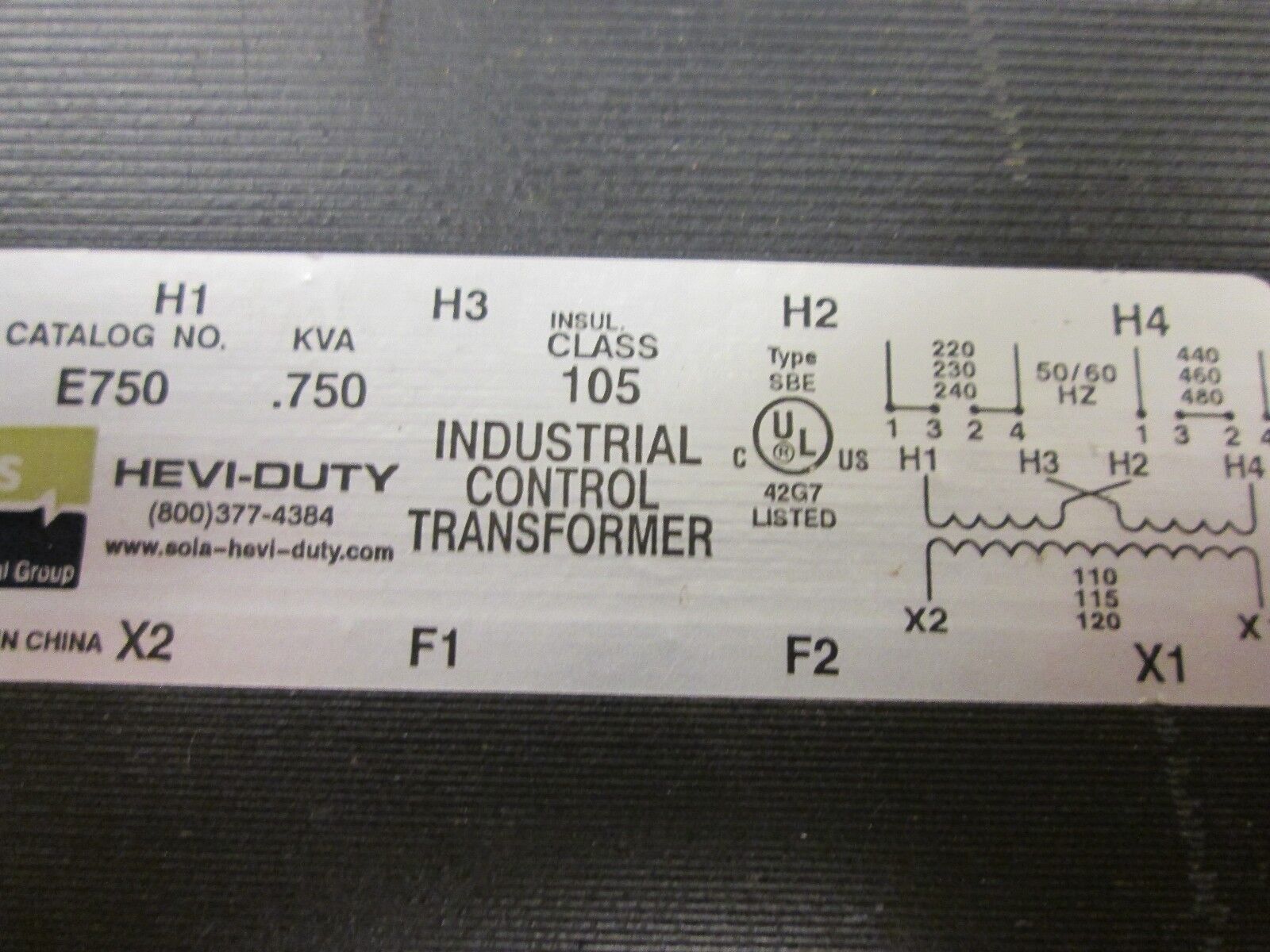 Hevi-Duty Control Transformer E750 0.750KVA Pri 240/480V Sec 120V Used