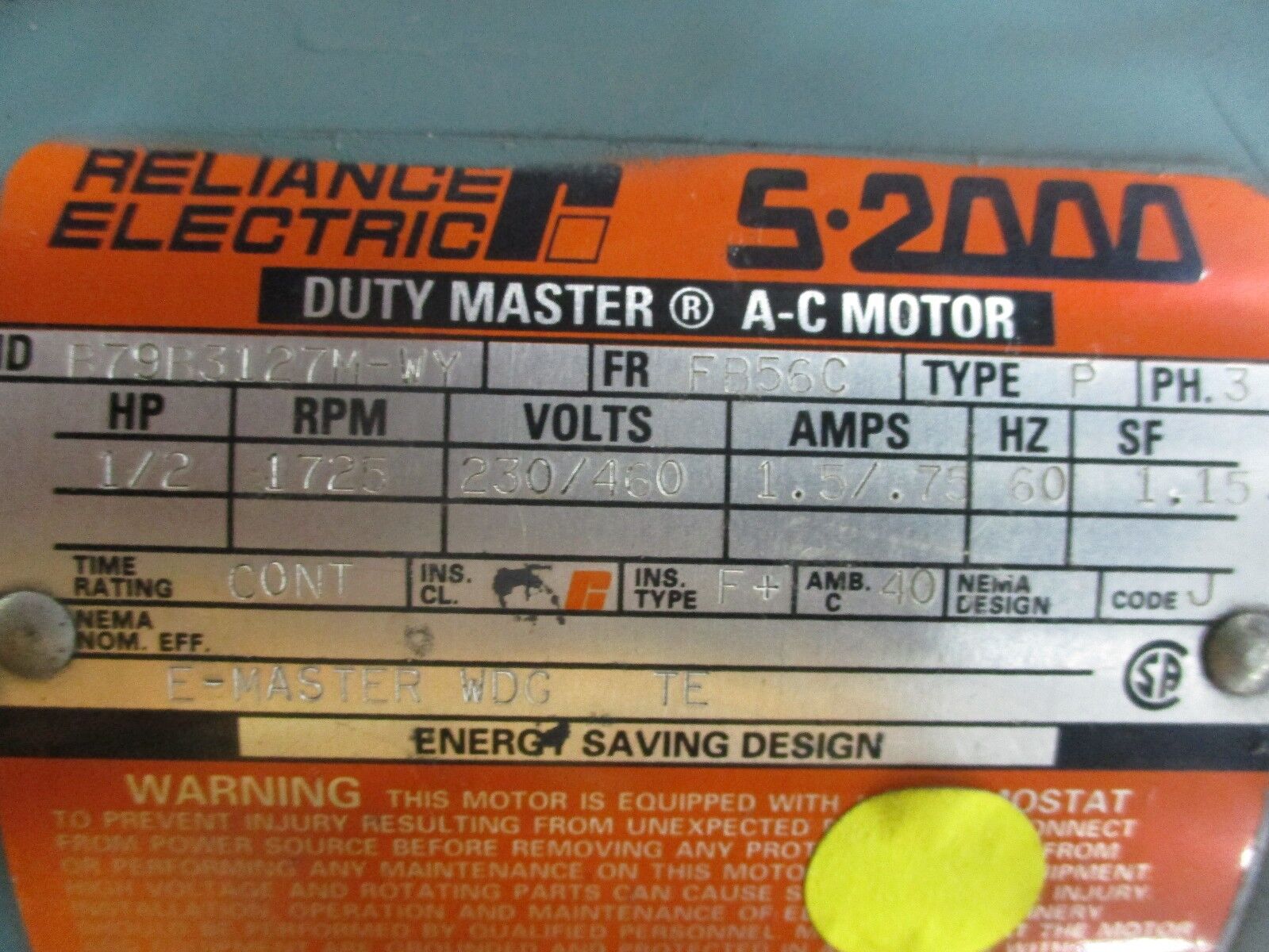 Reliance Duty Master Motor w/ Gear & Brake B79B3127M-WY FR: FB56C 1/2HP 1800RPM