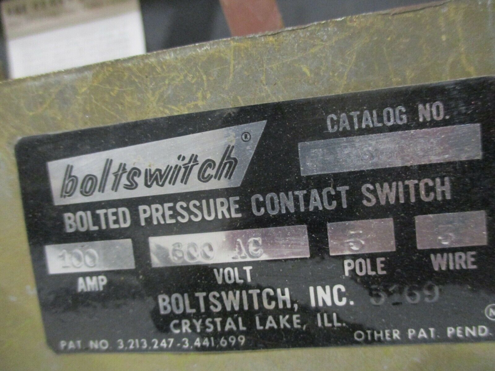 Boltswitch Bolted Pressure Contact Switch J 363WOL 100A 600V 3P 3W No Fuses Used