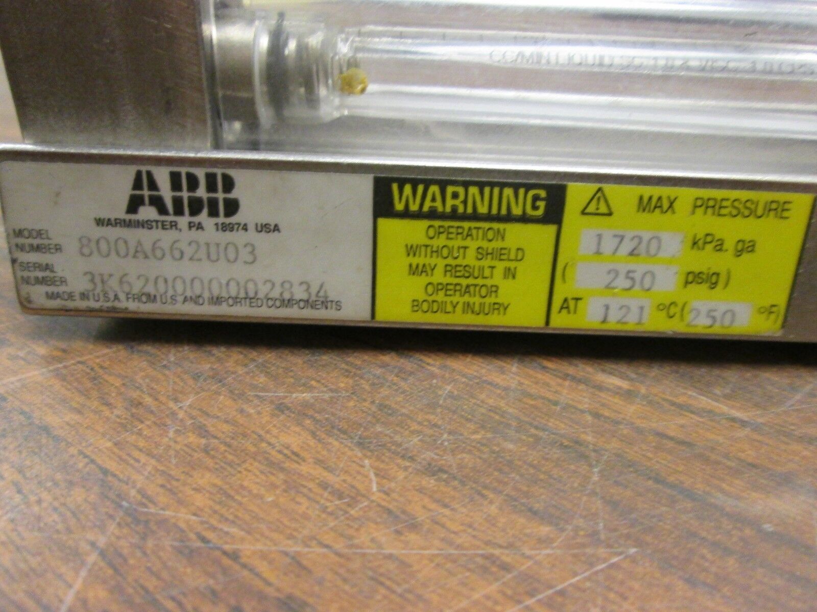 ABB	Flowmeter 800A662U03 250 PSIG Used