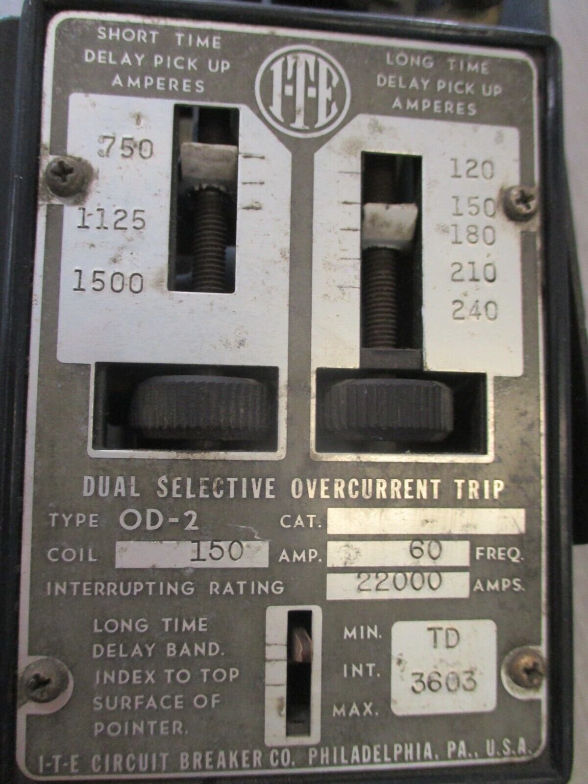 ITE Dun Overcurrent Trip OD-2 Instantaneous Trip:750-1,500 Used.