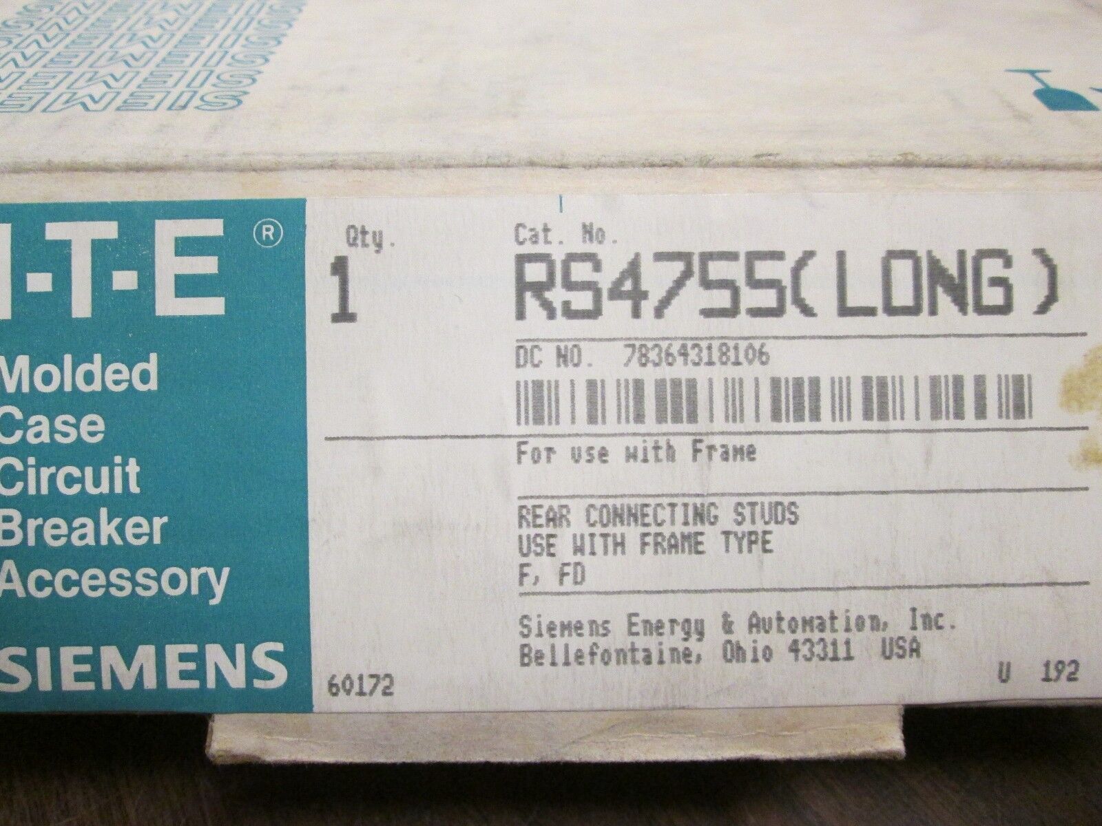 ITE/Siemens Rear Connecting Studs RS4755(Long) 250A For Use w/ Frame New Surplus