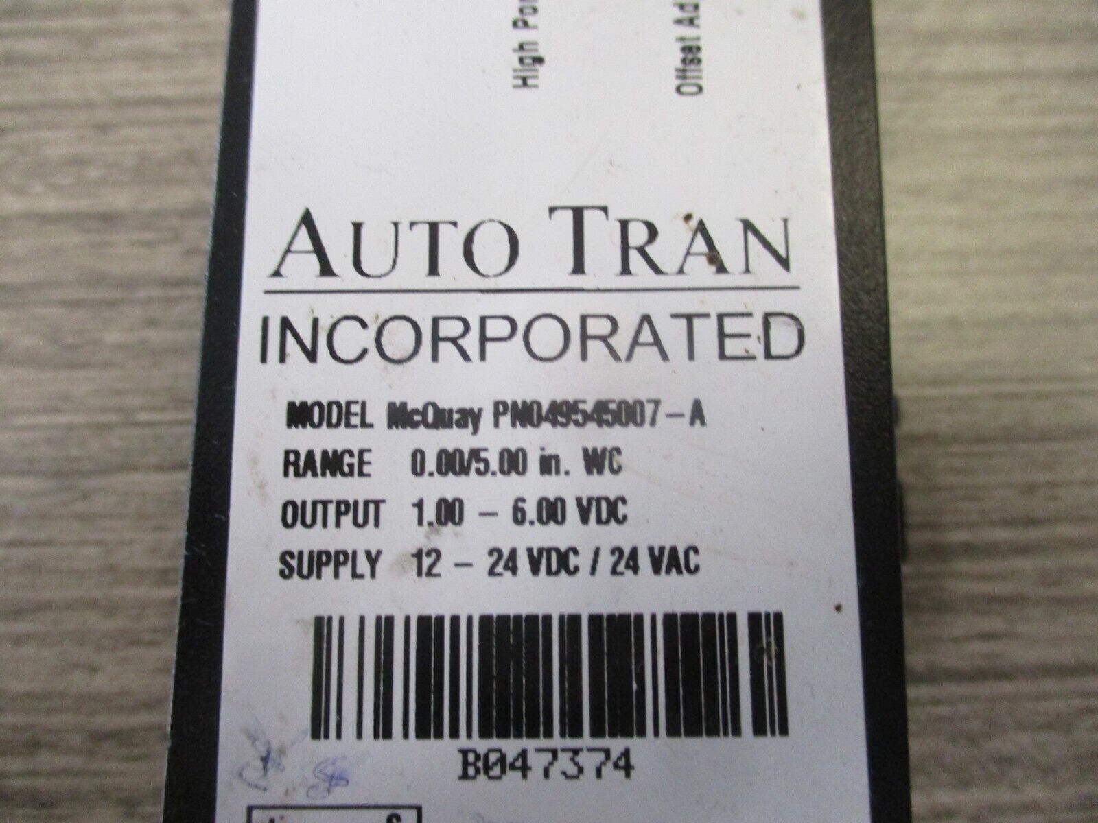 Auto Tran McQuay Static Pressure Sensor 049545007-A