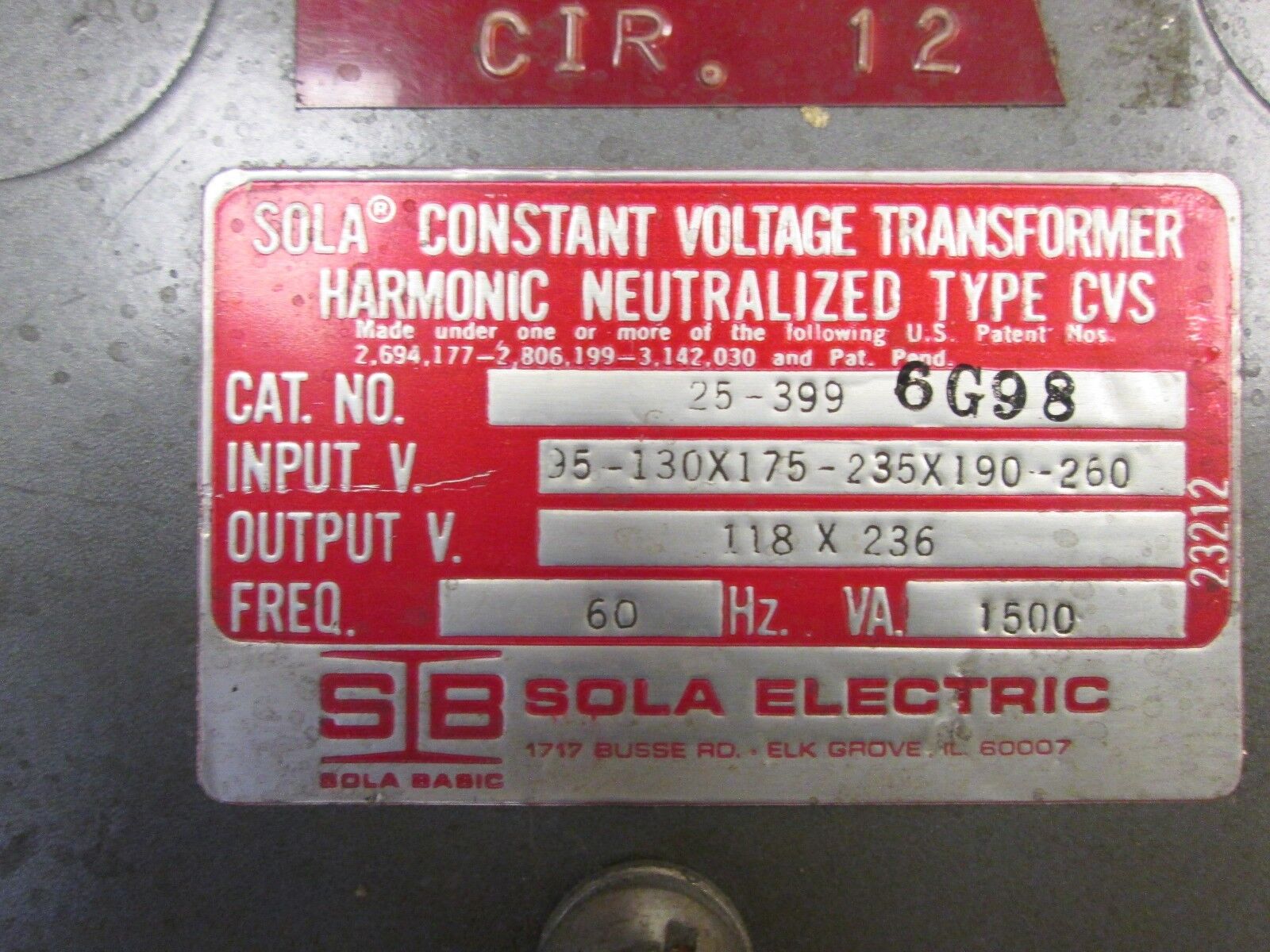 Sola Constant Voltage Transformer 25-399-6G98 1500VA Used